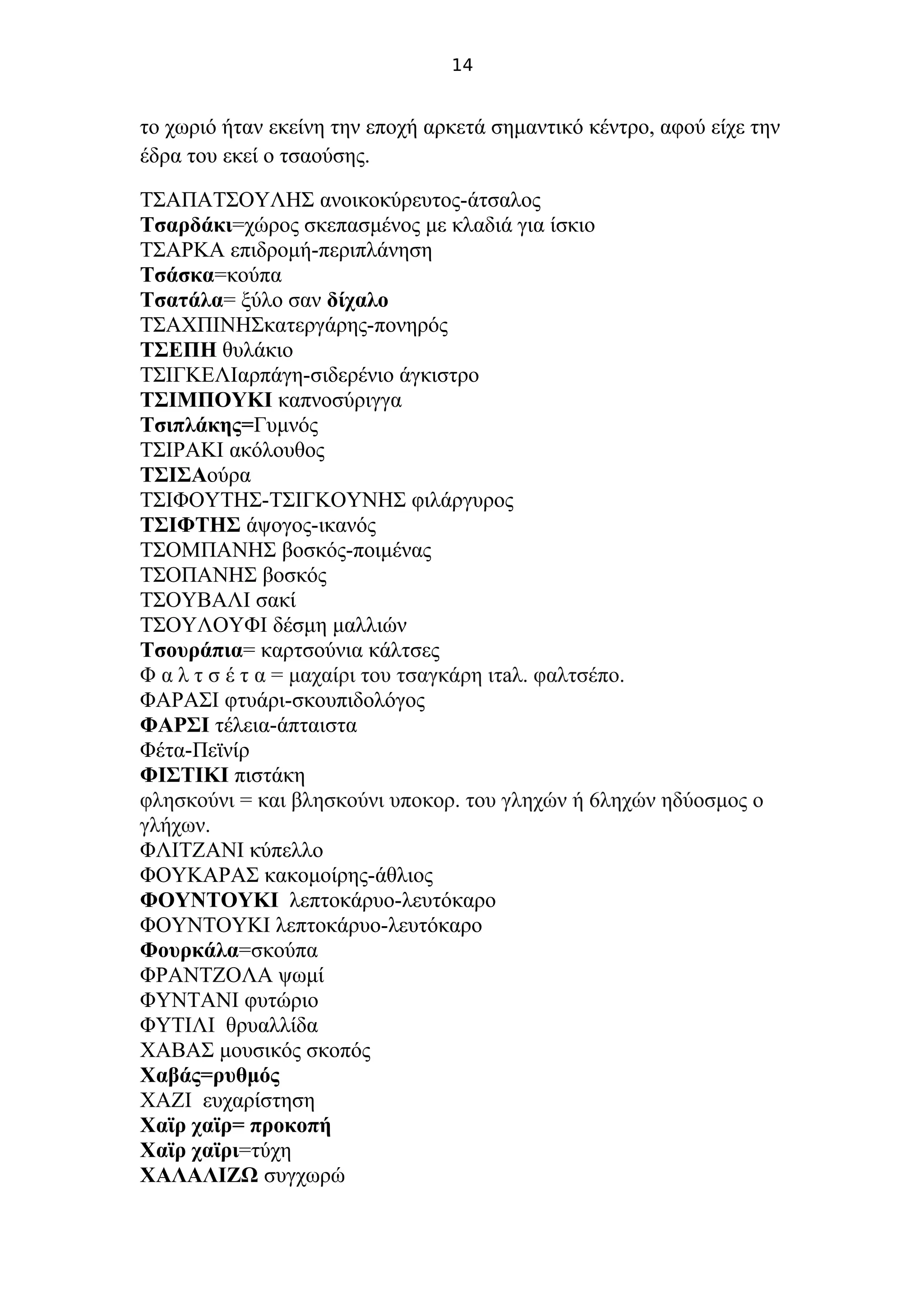 14
το χωριό ήταν εκείνη την εποχή αρκετά σημαντικό κέντρο, αφού είχε την
έδρα του εκεί ο τσαούσης.
ΤΣΑΠΑΤΣΟΥΛΗΣ ανοικοκύρευτος-άτσαλος
Τσαρδάκι=χώρος σκεπασμένος με κλαδιά για ίσκιο
ΤΣΑΡΚΑ επιδρομή-περιπλάνηση
Τσάσκα=κούπα
Τσατάλα= ξύλο σαν δίχαλο
ΤΣΑΧΠΙΝΗΣκατεργάρης-πονηρός
ΤΣΕΠΗ θυλάκιο
ΤΣΙΓΚΕΛΙαρπάγη-σιδερένιο άγκιστρο
ΤΣΙΜΠΟΥΚΙ καπνοσύριγγα
Τσιπλάκης=Γυμνός
ΤΣΙΡΑΚΙ ακόλουθος
ΤΣΙΣΑούρα
ΤΣΙΦΟΥΤΗΣ-ΤΣΙΓΚΟΥΝΗΣ φιλάργυρος
ΤΣΙΦΤΗΣ άψογος-ικανός
ΤΣΟΜΠΑΝΗΣ βοσκός-ποιμένας
ΤΣΟΠΑΝΗΣ βοσκός
ΤΣΟΥΒΑΛΙ σακί
ΤΣΟΥΛΟΥΦΙ δέσμη μαλλιών
Τσουράπια= καρτσούνια κάλτσες
Φ α λ τ σ έ τ α = μαχαίρι του τσαγκάρη ιτaλ. φαλτσέπο.
ΦΑΡΑΣΙ φτυάρι-σκουπιδολόγος
ΦΑΡΣΙ τέλεια-άπταιστα
Φέτα-Πεϊνίρ
ΦΙΣΤΙΚΙ πιστάκη
φλησκούνι = και βλησκούνι υποκορ. του γληχών ή 6ληχών ηδύοσμος ο
γλήχων.
ΦΛΙΤΖΑΝΙ κύπελλο
ΦΟΥΚΑΡΑΣ κακομοίρης-άθλιος
ΦΟΥΝΤΟΥΚΙ λεπτοκάρυο-λευτόκαρο
ΦΟΥΝΤΟΥΚΙ λεπτοκάρυο-λευτόκαρο
Φουρκάλα=σκούπα
ΦΡΑΝΤΖΟΛΑ ψωμί
ΦΥΝΤΑΝΙ φυτώριο
ΦΥΤΙΛΙ θρυαλλίδα
ΧΑΒΑΣ μουσικός σκοπός
Χαβάς=ρυθμός
ΧΑΖΙ ευχαρίστηση
Χαϊρ χαϊρ= προκοπή
Χαϊρ χαϊρι=τύχη
ΧΑΛΑΛΙΖΩ συγχωρώ
 