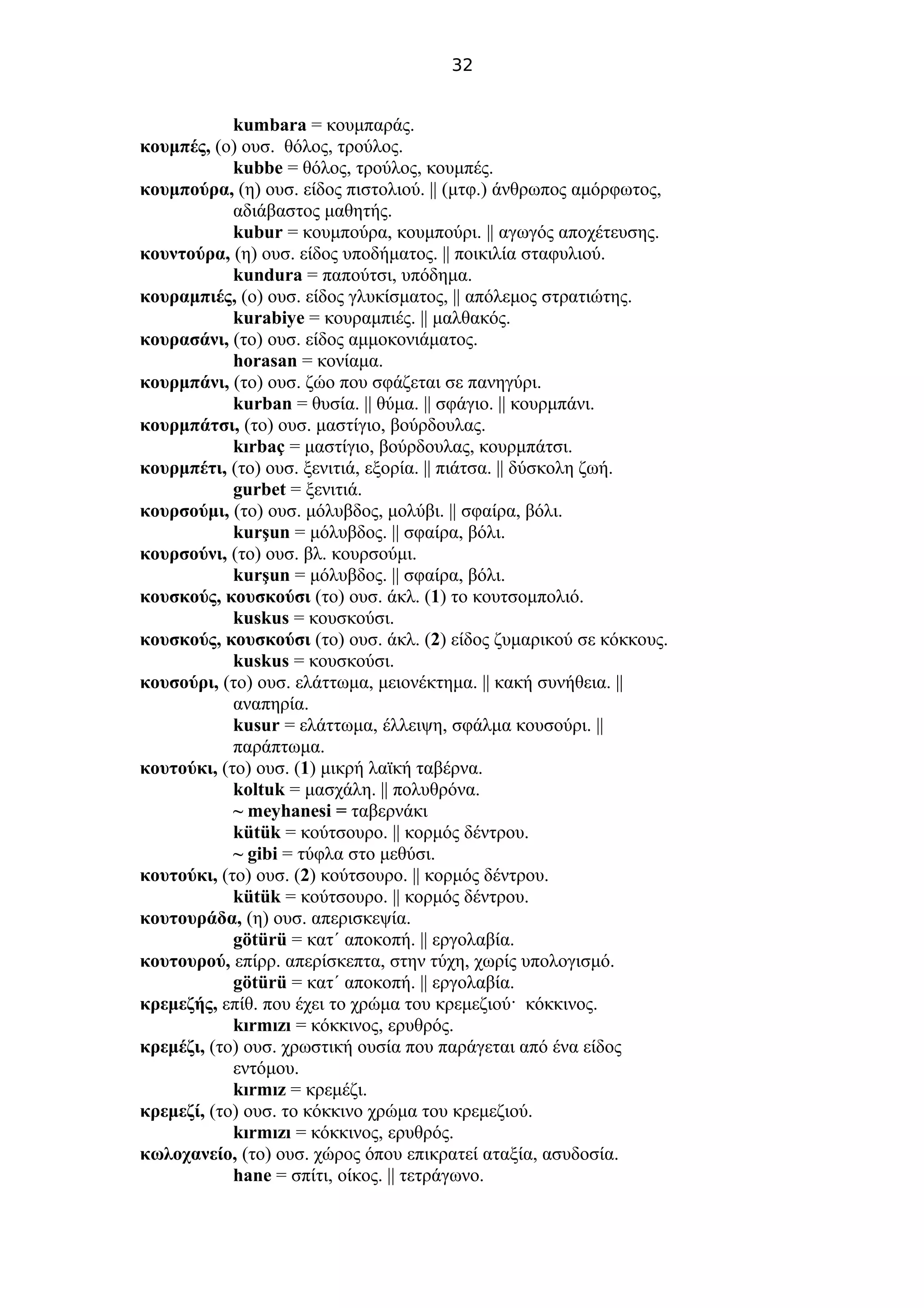 32
kumbara = κουμπαράς.
κουμπές, (ο) ουσ. θόλος, τρούλος.
kubbe = θόλος, τρούλος, κουμπές.
κουμπούρα, (η) ουσ. είδος πιστολιού. || (μτφ.) άνθρωπος αμόρφωτος,
αδιάβαστος μαθητής.
kubur = κουμπούρα, κουμπούρι. || αγωγός αποχέτευσης.
κουντούρα, (η) ουσ. είδος υποδήματος. || ποικιλία σταφυλιού.
kundura = παπούτσι, υπόδημα.
κουραμπιές, (ο) ουσ. είδος γλυκίσματος, || απόλεμος στρατιώτης.
kurabiye = κουραμπιές. || μαλθακός.
κουρασάνι, (το) ουσ. είδος αμμοκονιάματος.
horasan = κονίαμα.
κουρμπάνι, (το) ουσ. ζώο που σφάζεται σε πανηγύρι.
kurban = θυσία. || θύμα. || σφάγιο. || κουρμπάνι.
κουρμπάτσι, (το) ουσ. μαστίγιο, βούρδουλας.
kırbaç = μαστίγιο, βούρδουλας, κουρμπάτσι.
κουρμπέτι, (το) ουσ. ξενιτιά, εξορία. || πιάτσα. || δύσκολη ζωή.
gurbet = ξενιτιά.
κουρσούμι, (το) ουσ. μόλυβδος, μολύβι. || σφαίρα, βόλι.
kurşun = μόλυβδος. || σφαίρα, βόλι.
κουρσούνι, (το) ουσ. βλ. κουρσούμι.
kurşun = μόλυβδος. || σφαίρα, βόλι.
κουσκούς, κουσκούσι (το) ουσ. άκλ. (1) το κουτσομπολιό.
kuskus = κουσκούσι.
κουσκούς, κουσκούσι (το) ουσ. άκλ. (2) είδος ζυμαρικού σε κόκκους.
kuskus = κουσκούσι.
κουσούρι, (το) ουσ. ελάττωμα, μειονέκτημα. || κακή συνήθεια. ||
αναπηρία.
kusur = ελάττωμα, έλλειψη, σφάλμα κουσούρι. ||
παράπτωμα.
κουτούκι, (το) ουσ. (1) μικρή λαϊκή ταβέρνα.
koltuk = μασχάλη. || πολυθρόνα.
~ meyhanesi = ταβερνάκι
kütük = κούτσουρο. || κορμός δέντρου.
~ gibi = τύφλα στο μεθύσι.
κουτούκι, (το) ουσ. (2) κούτσουρο. || κορμός δέντρου.
kütük = κούτσουρο. || κορμός δέντρου.
κουτουράδα, (η) ουσ. απερισκεψία.
götürü = κατ΄ αποκοπή. || εργολαβία.
κουτουρού, επίρρ. απερίσκεπτα, στην τύχη, χωρίς υπολογισμό.
götürü = κατ΄ αποκοπή. || εργολαβία.
κρεμεζής, επίθ. που έχει το χρώμα του κρεμεζιού· κόκκινος.
kırmızı = κόκκινος, ερυθρός.
κρεμέζι, (το) ουσ. χρωστική ουσία που παράγεται από ένα είδος
εντόμου.
kırmız = κρεμέζι.
κρεμεζί, (το) ουσ. το κόκκινο χρώμα του κρεμεζιού.
kırmızı = κόκκινος, ερυθρός.
κωλοχανείο, (το) ουσ. χώρος όπου επικρατεί αταξία, ασυδοσία.
hane = σπίτι, οίκος. || τετράγωνο.
 