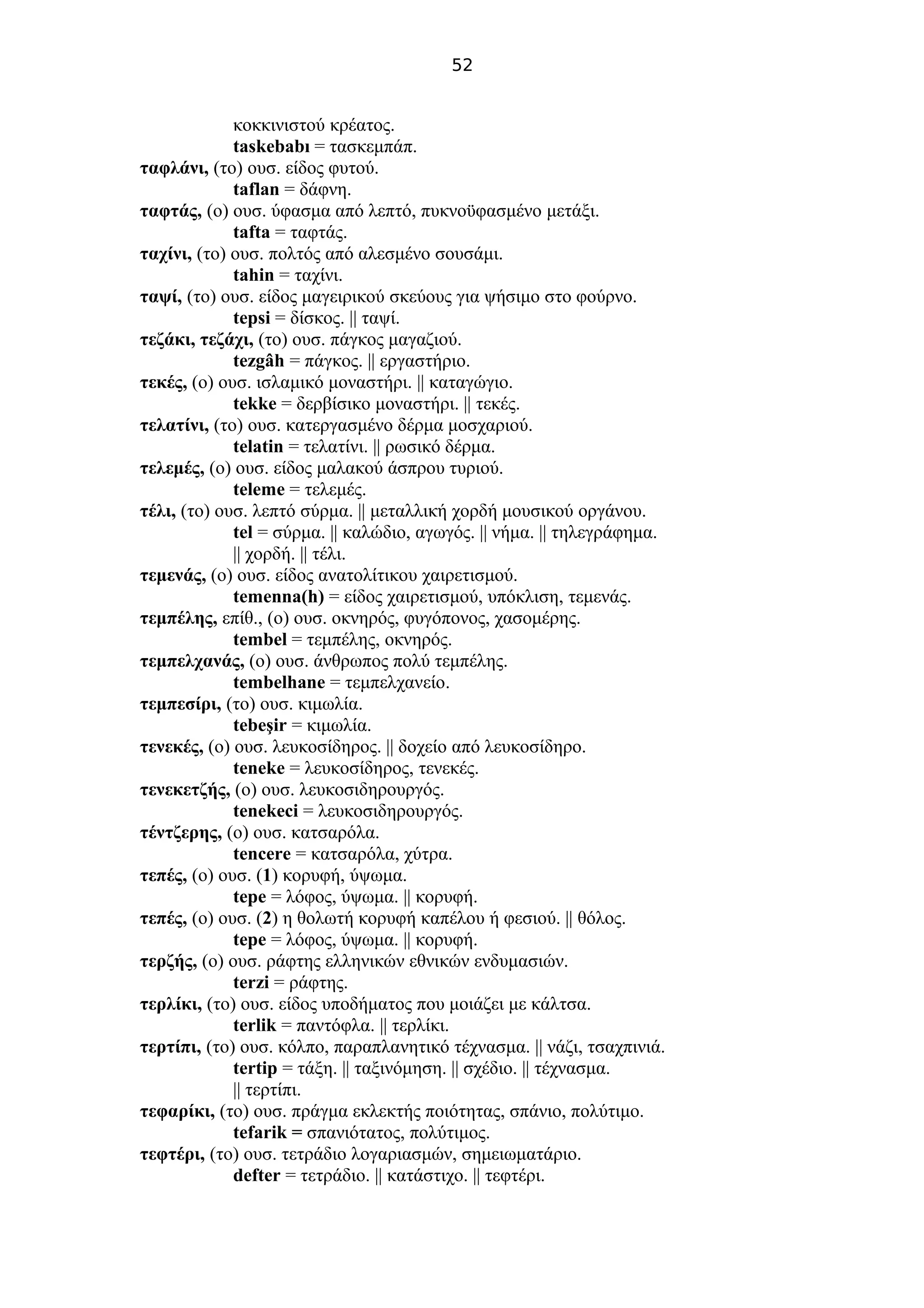 52
κοκκινιστού κρέατος.
taskebabı = τασκεμπάπ.
ταφλάνι, (το) ουσ. είδος φυτού.
taflan = δάφνη.
ταφτάς, (ο) ουσ. ύφασμα από λεπτό, πυκνοϋφασμένο μετάξι.
tafta = ταφτάς.
ταχίνι, (το) ουσ. πολτός από αλεσμένο σουσάμι.
tahin = ταχίνι.
ταψί, (το) ουσ. είδος μαγειρικού σκεύους για ψήσιμο στο φούρνο.
tepsi = δίσκος. || ταψί.
τεζάκι, τεζάχι, (το) ουσ. πάγκος μαγαζιού.
tezgâh = πάγκος. || εργαστήριο.
τεκές, (ο) ουσ. ισλαμικό μοναστήρι. || καταγώγιο.
tekke = δερβίσικο μοναστήρι. || τεκές.
τελατίνι, (το) ουσ. κατεργασμένο δέρμα μοσχαριού.
telatin = τελατίνι. || ρωσικό δέρμα.
τελεμές, (ο) ουσ. είδος μαλακού άσπρου τυριού.
teleme = τελεμές.
τέλι, (το) ουσ. λεπτό σύρμα. || μεταλλική χορδή μουσικού οργάνου.
tel = σύρμα. || καλώδιο, αγωγός. || νήμα. || τηλεγράφημα.
|| χορδή. || τέλι.
τεμενάς, (ο) ουσ. είδος ανατολίτικου χαιρετισμού.
temenna(h) = είδος χαιρετισμού, υπόκλιση, τεμενάς.
τεμπέλης, επίθ., (ο) ουσ. οκνηρός, φυγόπονος, χασομέρης.
tembel = τεμπέλης, οκνηρός.
τεμπελχανάς, (ο) ουσ. άνθρωπος πολύ τεμπέλης.
tembelhane = τεμπελχανείο.
τεμπεσίρι, (το) ουσ. κιμωλία.
tebeşir = κιμωλία.
τενεκές, (ο) ουσ. λευκοσίδηρος. || δοχείο από λευκοσίδηρο.
teneke = λευκοσίδηρος, τενεκές.
τενεκετζής, (ο) ουσ. λευκοσιδηρουργός.
tenekeci = λευκοσιδηρουργός.
τέντζερης, (ο) ουσ. κατσαρόλα.
tencere = κατσαρόλα, χύτρα.
τεπές, (ο) ουσ. (1) κορυφή, ύψωμα.
tepe = λόφος, ύψωμα. || κορυφή.
τεπές, (ο) ουσ. (2) η θολωτή κορυφή καπέλου ή φεσιού. || θόλος.
tepe = λόφος, ύψωμα. || κορυφή.
τερζής, (ο) ουσ. ράφτης ελληνικών εθνικών ενδυμασιών.
terzi = ράφτης.
τερλίκι, (το) ουσ. είδος υποδήματος που μοιάζει με κάλτσα.
terlik = παντόφλα. || τερλίκι.
τερτίπι, (το) ουσ. κόλπο, παραπλανητικό τέχνασμα. || νάζι, τσαχπινιά.
tertip = τάξη. || ταξινόμηση. || σχέδιο. || τέχνασμα.
|| τερτίπι.
τεφαρίκι, (το) ουσ. πράγμα εκλεκτής ποιότητας, σπάνιο, πολύτιμο.
tefarik = σπανιότατος, πολύτιμος.
τεφτέρι, (το) ουσ. τετράδιο λογαριασμών, σημειωματάριο.
defter = τετράδιο. || κατάστιχο. || τεφτέρι.
 