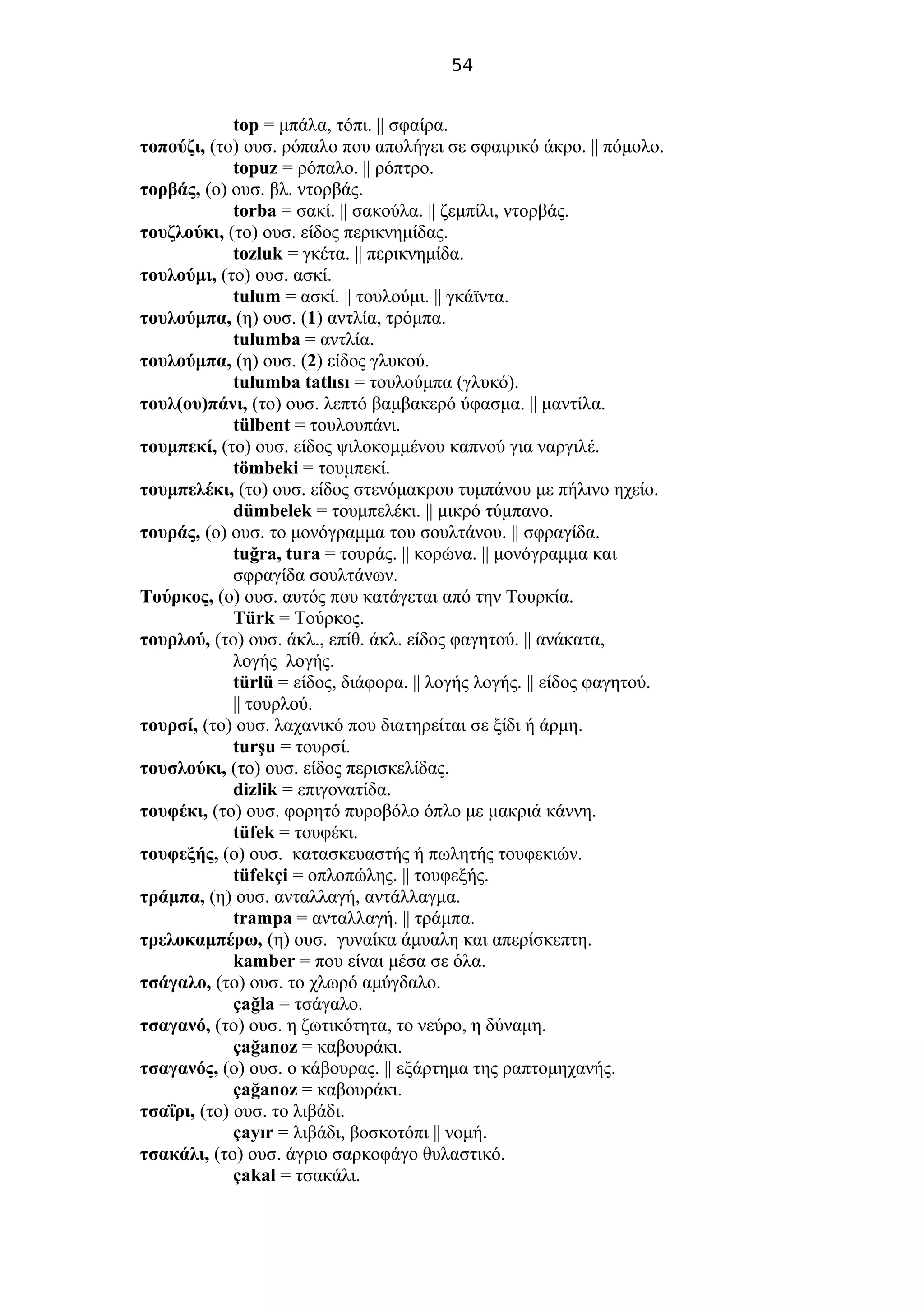 54
top = μπάλα, τόπι. || σφαίρα.
τοπούζι, (το) ουσ. ρόπαλο που απολήγει σε σφαιρικό άκρο. || πόμολο.
topuz = ρόπαλο. || ρόπτρο.
τορβάς, (ο) ουσ. βλ. ντορβάς.
torba = σακί. || σακούλα. || ζεμπίλι, ντορβάς.
τουζλούκι, (το) ουσ. είδος περικνημίδας.
tozluk = γκέτα. || περικνημίδα.
τουλούμι, (το) ουσ. ασκί.
tulum = ασκί. || τουλούμι. || γκάϊντα.
τουλούμπα, (η) ουσ. (1) αντλία, τρόμπα.
tulumba = αντλία.
τουλούμπα, (η) ουσ. (2) είδος γλυκού.
tulumba tatlısı = τουλούμπα (γλυκό).
τουλ(ου)πάνι, (το) ουσ. λεπτό βαμβακερό ύφασμα. || μαντίλα.
tülbent = τουλουπάνι.
τουμπεκί, (το) ουσ. είδος ψιλοκομμένου καπνού για ναργιλέ.
tömbeki = τουμπεκί.
τουμπελέκι, (το) ουσ. είδος στενόμακρου τυμπάνου με πήλινο ηχείο.
dümbelek = τουμπελέκι. || μικρό τύμπανο.
τουράς, (ο) ουσ. το μονόγραμμα του σουλτάνου. || σφραγίδα.
tuğra, tura = τουράς. || κορώνα. || μονόγραμμα και
σφραγίδα σουλτάνων.
Τούρκος, (ο) ουσ. αυτός που κατάγεται από την Τουρκία.
Türk = Τούρκος.
τουρλού, (το) ουσ. άκλ., επίθ. άκλ. είδος φαγητού. || ανάκατα,
λογής λογής.
türlü = είδος, διάφορα. || λογής λογής. || είδος φαγητού.
|| τουρλού.
τουρσί, (το) ουσ. λαχανικό που διατηρείται σε ξίδι ή άρμη.
turşu = τουρσί.
τουσλούκι, (το) ουσ. είδος περισκελίδας.
dizlik = επιγονατίδα.
τουφέκι, (το) ουσ. φορητό πυροβόλο όπλο με μακριά κάννη.
tüfek = τουφέκι.
τουφεξής, (ο) ουσ. κατασκευαστής ή πωλητής τουφεκιών.
tüfekçi = οπλοπώλης. || τουφεξής.
τράμπα, (η) ουσ. ανταλλαγή, αντάλλαγμα.
trampa = ανταλλαγή. || τράμπα.
τρελοκαμπέρω, (η) ουσ. γυναίκα άμυαλη και απερίσκεπτη.
kamber = που είναι μέσα σε όλα.
τσάγαλο, (το) ουσ. το χλωρό αμύγδαλο.
çağla = τσάγαλο.
τσαγανό, (το) ουσ. η ζωτικότητα, το νεύρο, η δύναμη.
çağanoz = καβουράκι.
τσαγανός, (ο) ουσ. ο κάβουρας. || εξάρτημα της ραπτομηχανής.
çağanoz = καβουράκι.
τσαΐρι, (το) ουσ. το λιβάδι.
çayır = λιβάδι, βοσκοτόπι || νομή.
τσακάλι, (το) ουσ. άγριο σαρκοφάγο θυλαστικό.
çakal = τσακάλι.
 