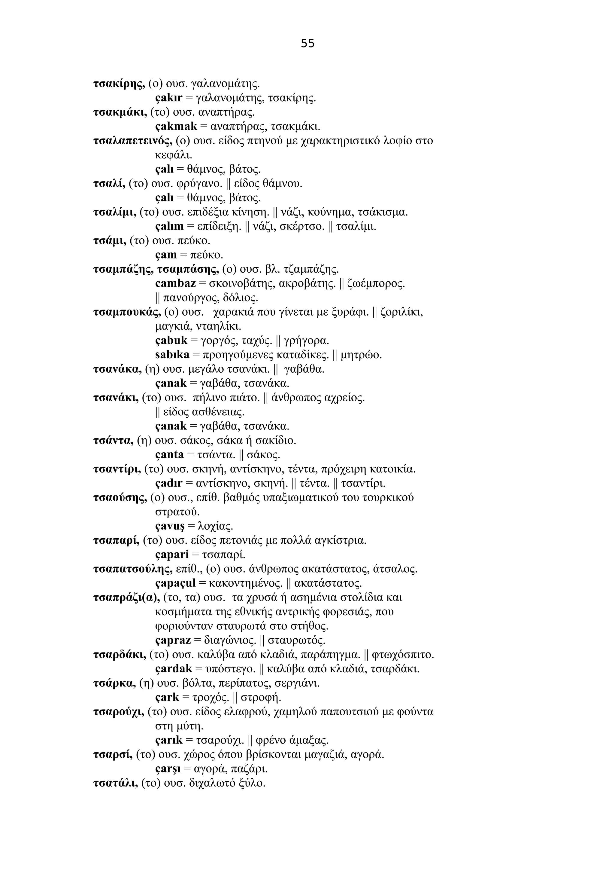 55
τσακίρης, (ο) ουσ. γαλανομάτης.
çakır = γαλανομάτης, τσακίρης.
τσακμάκι, (το) ουσ. αναπτήρας.
çakmak = αναπτήρας, τσακμάκι.
τσαλαπετεινός, (ο) ουσ. είδος πτηνού με χαρακτηριστικό λοφίο στο
κεφάλι.
çalı = θάμνος, βάτος.
τσαλί, (το) ουσ. φρύγανο. || είδος θάμνου.
çalı = θάμνος, βάτος.
τσαλίμι, (το) ουσ. επιδέξια κίνηση. || νάζι, κούνημα, τσάκισμα.
çalım = επίδειξη. || νάζι, σκέρτσο. || τσαλίμι.
τσάμι, (το) ουσ. πεύκο.
çam = πεύκο.
τσαμπάζης, τσαμπάσης, (ο) ουσ. βλ. τζαμπάζης.
cambaz = σκοινοβάτης, ακροβάτης. || ζωέμπορος.
|| πανούργος, δόλιος.
τσαμπουκάς, (ο) ουσ. χαρακιά που γίνεται με ξυράφι. || ζοριλίκι,
μαγκιά, νταηλίκι.
çabuk = γοργός, ταχύς. || γρήγορα.
sabıka = προηγούμενες καταδίκες. || μητρώο.
τσανάκα, (η) ουσ. μεγάλο τσανάκι. || γαβάθα.
çanak = γαβάθα, τσανάκα.
τσανάκι, (το) ουσ. πήλινο πιάτο. || άνθρωπος αχρείος.
|| είδος ασθένειας.
çanak = γαβάθα, τσανάκα.
τσάντα, (η) ουσ. σάκος, σάκα ή σακίδιο.
çanta = τσάντα. || σάκος.
τσαντίρι, (το) ουσ. σκηνή, αντίσκηνο, τέντα, πρόχειρη κατοικία.
çadır = αντίσκηνο, σκηνή. || τέντα. || τσαντίρι.
τσαούσης, (ο) ουσ., επίθ. βαθμός υπαξιωματικού του τουρκικού
στρατού.
çavuş = λοχίας.
τσαπαρί, (το) ουσ. είδος πετονιάς με πολλά αγκίστρια.
çapari = τσαπαρί.
τσαπατσούλης, επίθ., (ο) ουσ. άνθρωπος ακατάστατος, άτσαλος.
çapaçul = κακοντημένος. || ακατάστατος.
τσαπράζι(α), (το, τα) ουσ. τα χρυσά ή ασημένια στολίδια και
κοσμήματα της εθνικής αντρικής φορεσιάς, που
φοριούνταν σταυρωτά στο στήθος.
çapraz = διαγώνιος. || σταυρωτός.
τσαρδάκι, (το) ουσ. καλύβα από κλαδιά, παράπηγμα. || φτωχόσπιτο.
çardak = υπόστεγο. || καλύβα από κλαδιά, τσαρδάκι.
τσάρκα, (η) ουσ. βόλτα, περίπατος, σεργιάνι.
çark = τροχός. || στροφή.
τσαρούχι, (το) ουσ. είδος ελαφρού, χαμηλού παπουτσιού με φούντα
στη μύτη.
çarık = τσαρούχι. || φρένο άμαξας.
τσαρσί, (το) ουσ. χώρος όπου βρίσκονται μαγαζιά, αγορά.
çarşı = αγορά, παζάρι.
τσατάλι, (το) ουσ. διχαλωτό ξύλο.
 