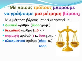 Με ποιους τρόπους μπορούμε
να γράψουμε μια μέτρηση βάρους;
Μια μέτρηση βάρους μπορεί να γραφεί με:
 φυσικό αριθμό (1600 γραμ.)
 δεκαδικό αριθμό (1,6 κ.)
 συμμιγή αριθμό (1 κ. 600 γραμ.)
 κλασματικό αριθμό (1600 κ.)
1000
 