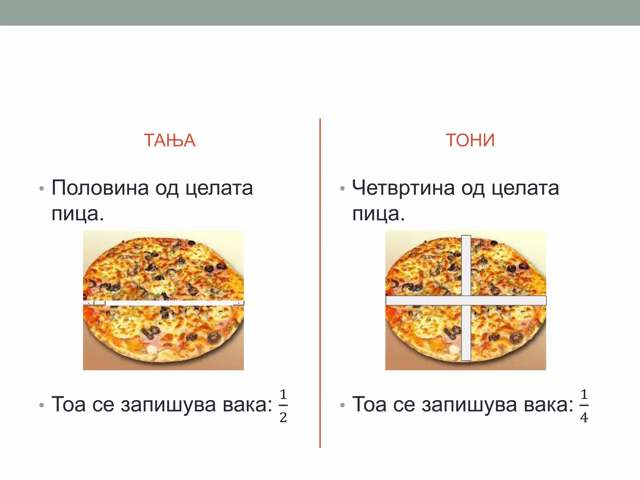 ТАЊА
• Половина од целата
пица.
• Тоа се запишува вака:
1
2
ТОНИ
• Четвртина од целата
пица.
• Тоа се запишува вака:
1
4
 