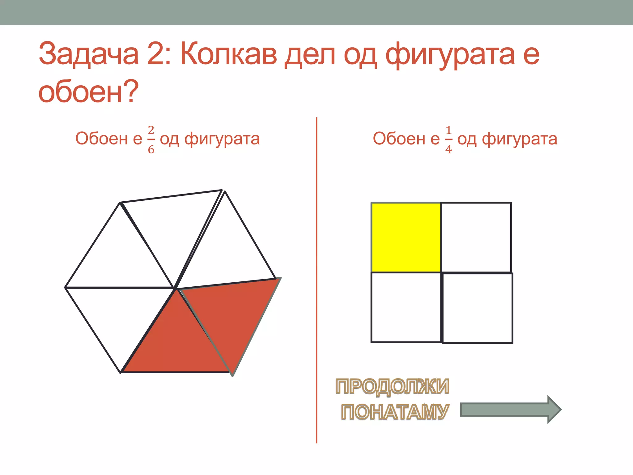 Задача 2: Колкав дел од фигурата е
обоен?
Обоен е
2
6
од фигурата Обоен е
1
4
од фигурата
 