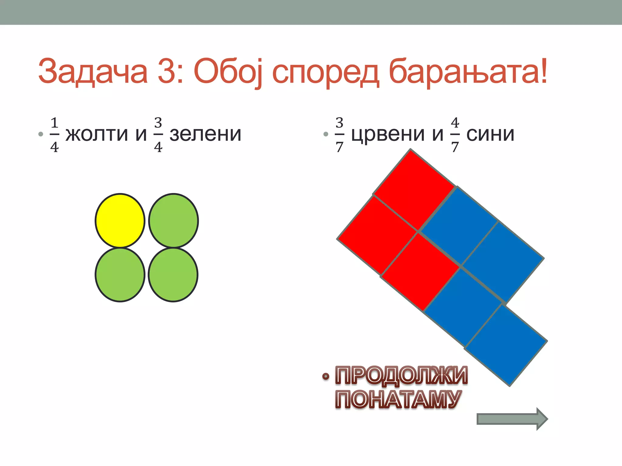 Задача 3: Обој според барањата!
•
1
4
жолти и
3
4
зелени •
3
7
црвени и
4
7
сини
 