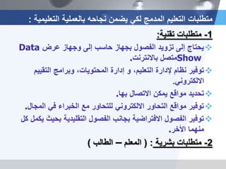 1-‫تقنية‬ ‫متطلبات‬:
‫عرض‬ ‫وجهاز‬ ‫إلى‬ ‫حاسب‬ ‫بجهاز‬ ‫الفصول‬ ‫تزويد‬ ‫إلى‬ ‫يحتاج‬Data
Show‫باالنترنت‬ ‫متصل‬.
،‫التعليم‬ ‫إلدارة‬ ‫نظام‬ ‫توفير‬‫و‬‫التقيي‬ ‫وبرامج‬ ،‫المحتويات‬ ‫إدارة‬‫م‬
‫االلكتروني‬.
‫االتصال‬ ‫يمكن‬ ‫مواقع‬ ‫تحديد‬‫بها‬.
‫الم‬ ‫في‬ ‫الخبراء‬ ‫مع‬ ‫للتحاور‬ ‫االلكتروني‬ ‫التحاور‬ ‫مواقع‬ ‫توفير‬‫جال‬.
‫بح‬ ‫التقليدية‬ ‫الفصول‬ ‫بجانب‬ ‫االفتراضية‬ ‫الفصول‬ ‫توفير‬‫كل‬ ‫يكمل‬ ‫يث‬
‫األخر‬ ‫منهما‬.
2-‫بشرية‬ ‫متطلبات‬( :‫المعلم‬–‫الطالب‬)
‫التعليمية‬ ‫بالعملية‬ ‫نجاحه‬ ‫يضمن‬ ‫لكي‬ ‫المدمج‬ ‫التعليم‬ ‫متطلبات‬:
 