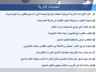 ‫إدارية‬ ‫تحديات‬
(1‫كثرة‬‫الجامدة‬ ‫واللوائح‬ ‫المعقدة‬ ‫الروتينية‬ ‫اإلدارية‬ ‫االجراءات‬‫التى‬‫ا‬ ‫تتيح‬ ‫وال‬ ‫بالتطوير‬ ‫تسمح‬ ‫ال‬‫لمرونة‬.
2)‫صعوبة‬‫حديثة‬ ‫تعلم‬ ‫طريقة‬ ‫إلى‬ ‫التقليدية‬ ‫التعليم‬ ‫طريقة‬ ‫من‬ ‫التحول‬.
3)‫عدم‬‫توزيع‬ ‫على‬ ‫القدرة‬‫المسؤليات‬‫الوقت‬ ‫وإدارة‬.
4)‫تتطلب‬‫االنجليزية‬ ‫اللغة‬ ‫إجادة‬ ‫الكمبيوتر‬ ‫برامج‬ ‫معظم‬.
5)‫انخفاض‬‫المدمج‬ ‫للتعليم‬ ‫والتخطيط‬ ‫الوعى‬.
6)‫صعوبة‬‫التعليم‬ ‫بين‬ ‫واألنشطة‬ ‫المحتوى‬ ‫عناصر‬ ‫توزيع‬‫التقليدى‬‫والتعلم‬‫اإللكترونى‬.
7)‫عدم‬‫متخصصة‬ ‫الكترونية‬ ‫وحدة‬ ‫توافر‬‫النتاج‬‫اإللكترونية‬ ‫المقررات‬.
8)‫عدم‬‫المدمج‬ ‫التعلم‬ ‫طبيعة‬ ‫لتناسب‬ ‫المقررات‬ ‫وانتاج‬ ‫لتصميم‬ ‫متكامل‬ ‫عمل‬ ‫فريق‬ ‫وجود‬.
9)‫عدم‬‫المدمج‬ ‫التعليم‬ ‫ومفهوم‬ ‫الحالية‬ ‫التدريس‬ ‫طرائق‬ ‫مالءمة‬.
 