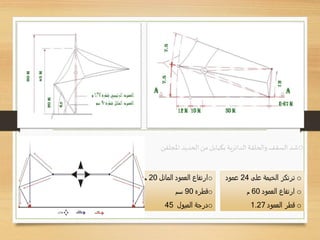 o‫على‬ ‫الخيمة‬ ‫ترتكز‬24‫عمود‬
o‫العمود‬ ‫ارتفاع‬60‫م‬
o‫العمود‬ ‫قطر‬1.27
o‫المائل‬ ‫العمود‬ ‫ارتفاع‬20‫م‬
o‫قطره‬90‫سم‬
o‫الميول‬ ‫درجة‬45
o‫الدائرية‬ ‫والحلقة‬ ‫السقف‬ ‫شد‬‫بكيابل‬‫الحديد‬ ‫من‬‫املجلفن‬
 