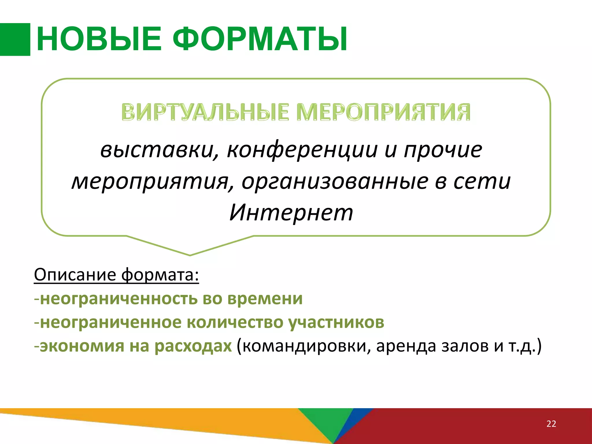 НОВЫЕ ФОРМАТЫ
22
Описание формата:
-неограниченность во времени
-неограниченное количество участников
-экономия на расходах (командировки, аренда залов и т.д.)
выставки, конференции и прочие
мероприятия, организованные в сети
Интернет
 