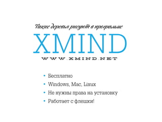 XMIND
Такиe деревь рисуюm в программe
w w w . x m i n d . n e t
• Бесплатно
• Windows, Mac, Lixux
• Не нужны права на установку
• Работает с флешки!
 