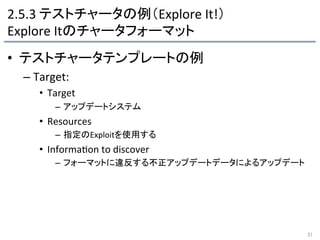 2.5.3	
  テストチャータの例（Explore	
  It!）	
  
Explore	
  Itのチャータフォーマット	
•  テストチャータテンプレートの例	
  
– Target:	
  
•  Target	
  
–  アップ...