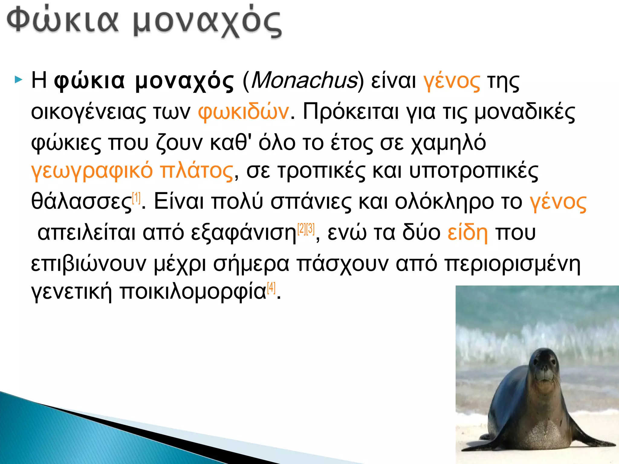  Η φώκια μοναχός (Monachus) είναι γένος της
οικογένειας των φωκιδών. Πρόκειται για τις μοναδικές
φώκιες που ζουν καθ' όλο το έτος σε χαμηλό 
γεωγραφικό πλάτος, σε τροπικές και υποτροπικές
θάλασσες[1]
. Είναι πολύ σπάνιες και ολόκληρο το γένος
 απειλείται από εξαφάνιση[2][3]
, ενώ τα δύο είδη που
επιβιώνουν μέχρι σήμερα πάσχουν από περιορισμένη
γενετική ποικιλομορφία[4]
.
 