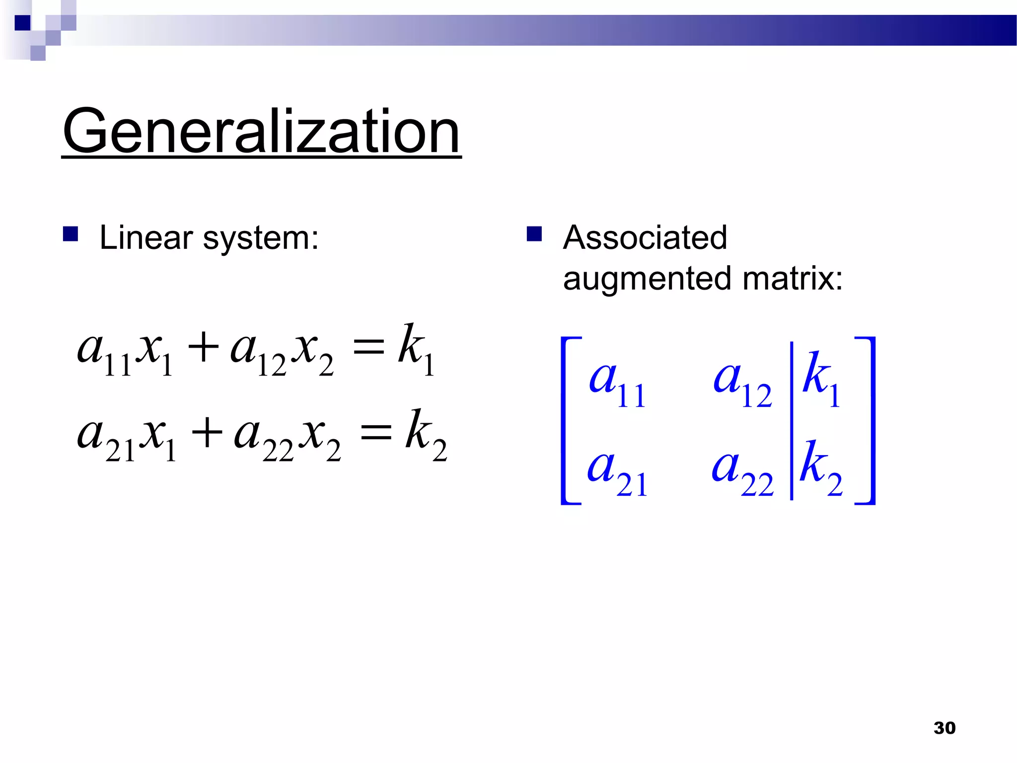 30
Generalization
 Linear system:  Associated
augmented matrix:
11 12 1
21 22 2
a a k
a a k
 
 
 
2222121
1212111
kxaxa
kxaxa
=+
=+
 