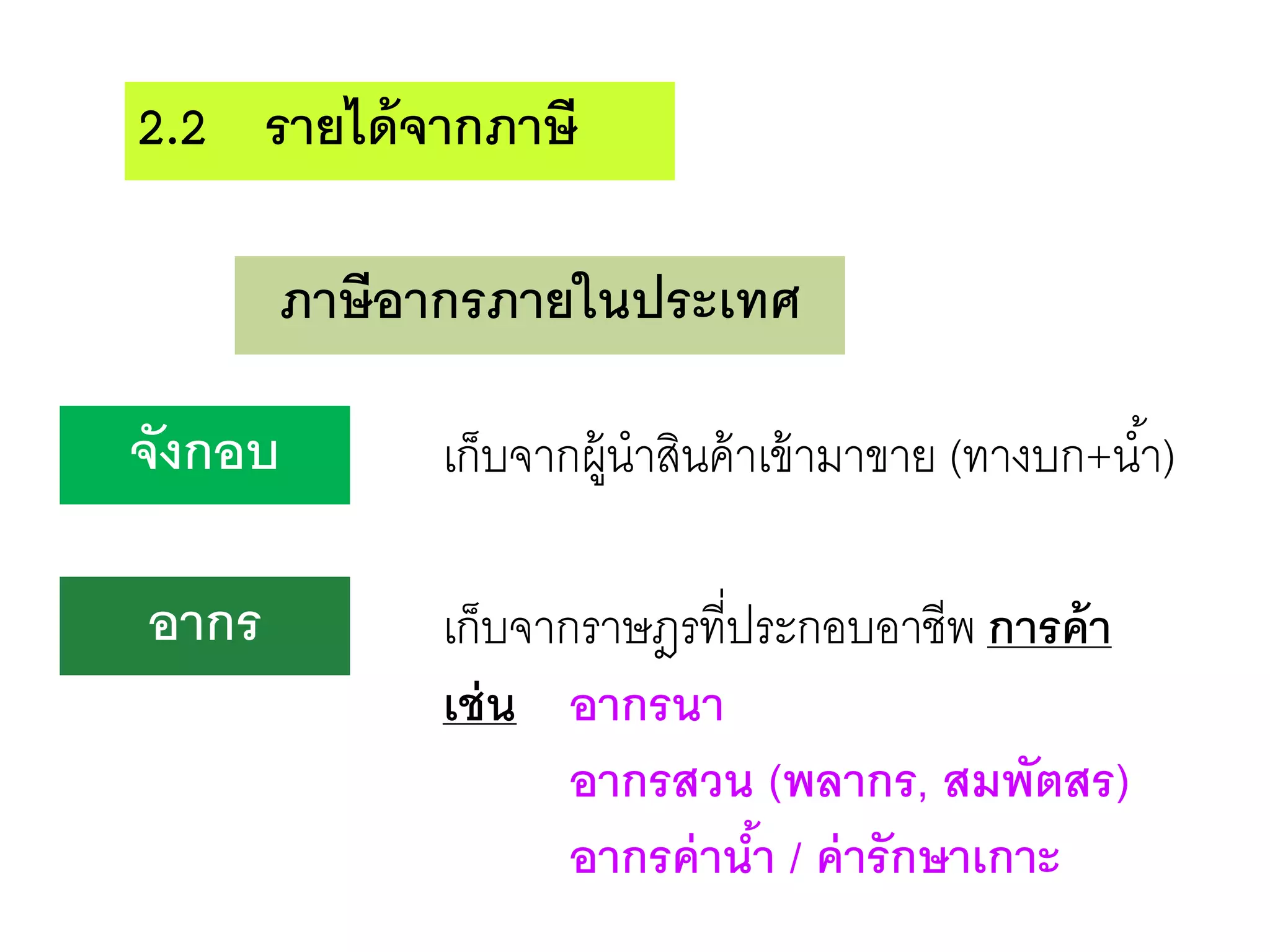 2.2 รายได้จากภาษี
ภาษีอากรภายในประเทศ
จังกอบ
อากร
เก็บจากผู้นาสินค้าเข้ามาขาย (ทางบก+น้า)
เก็บจากราษฎรที่ประกอบอาชีพ การค้า
เช่น อากรนา
อากรสวน (พลากร, สมพัตสร)
อากรค่าน้า / ค่ารักษาเกาะ
 