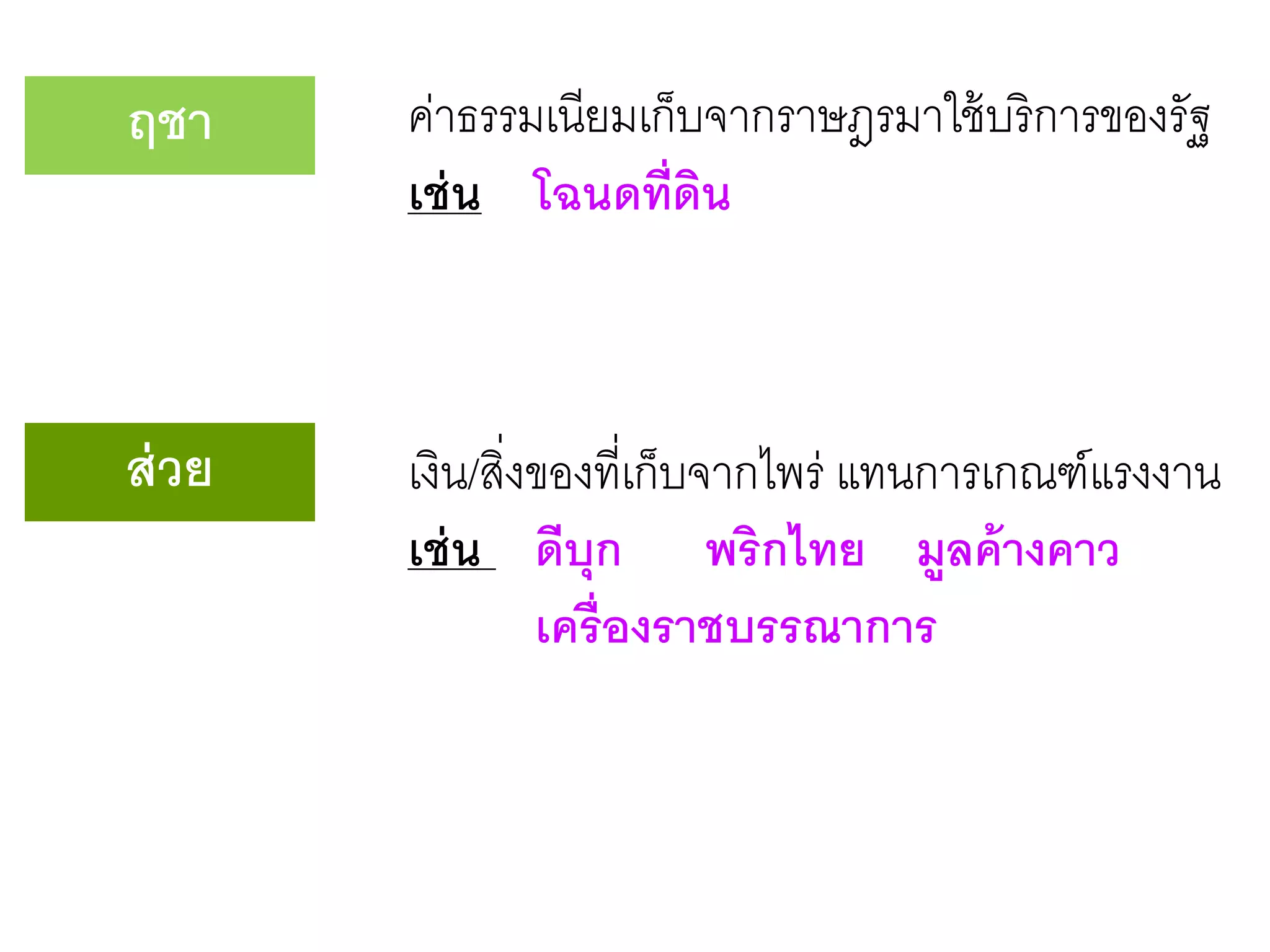 ฤชา
ส่วย
ค่าธรรมเนียมเก็บจากราษฎรมาใช้บริการของรัฐ
เช่น โฉนดที่ดิน
เงิน/สิ่งของที่เก็บจากไพร่ แทนการเกณฑ์แรงงาน
เช่น ดีบุก พริกไทย มูลค้างคาว
เครื่องราชบรรณาการ
 