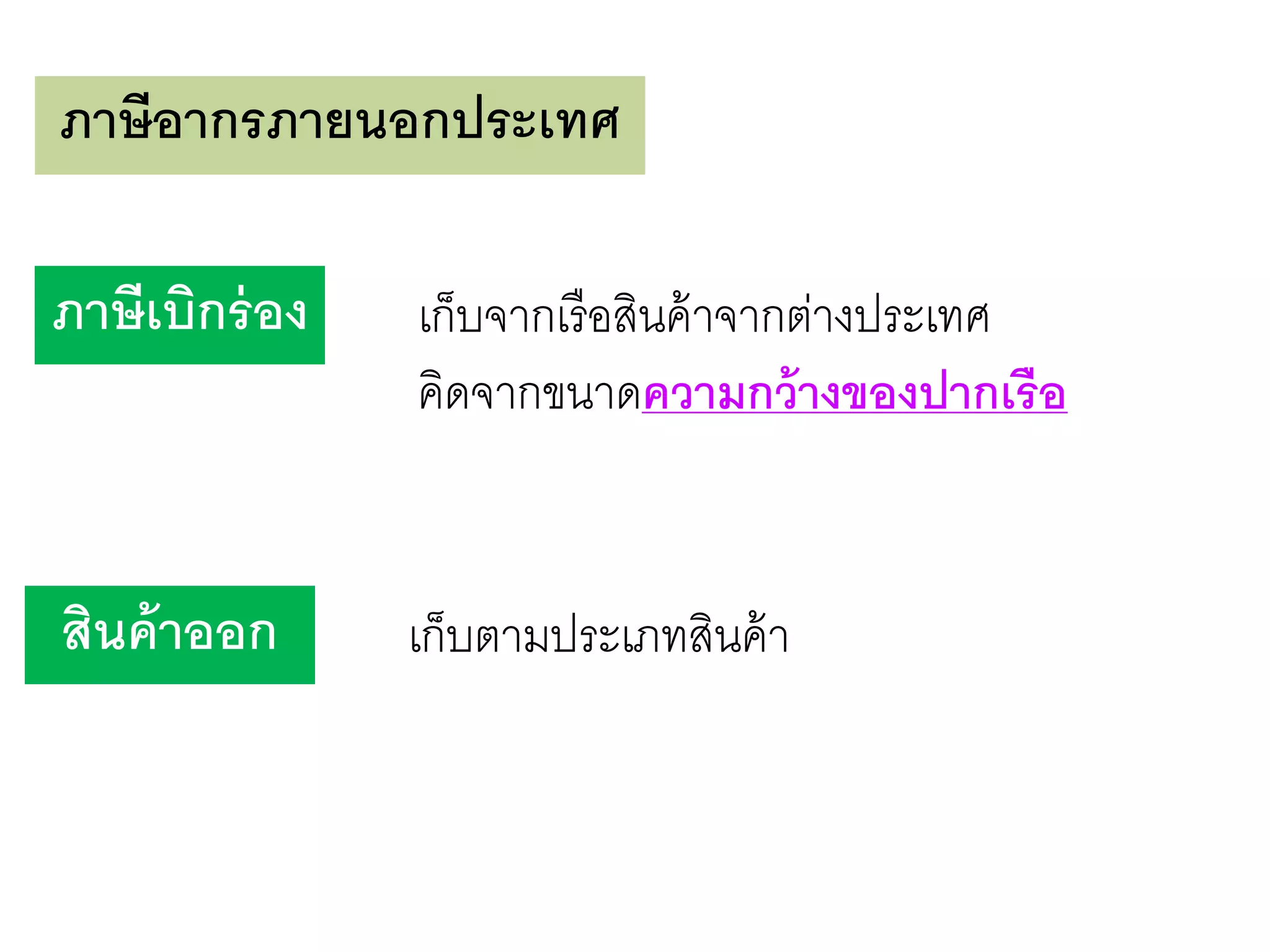 ภาษีอากรภายนอกประเทศ
ภาษีเบิกร่อง เก็บจากเรือสินค้าจากต่างประเทศ
คิดจากขนาดความกว้างของปากเรือ
สินค้าออก เก็บตามประเภทสินค้า
 