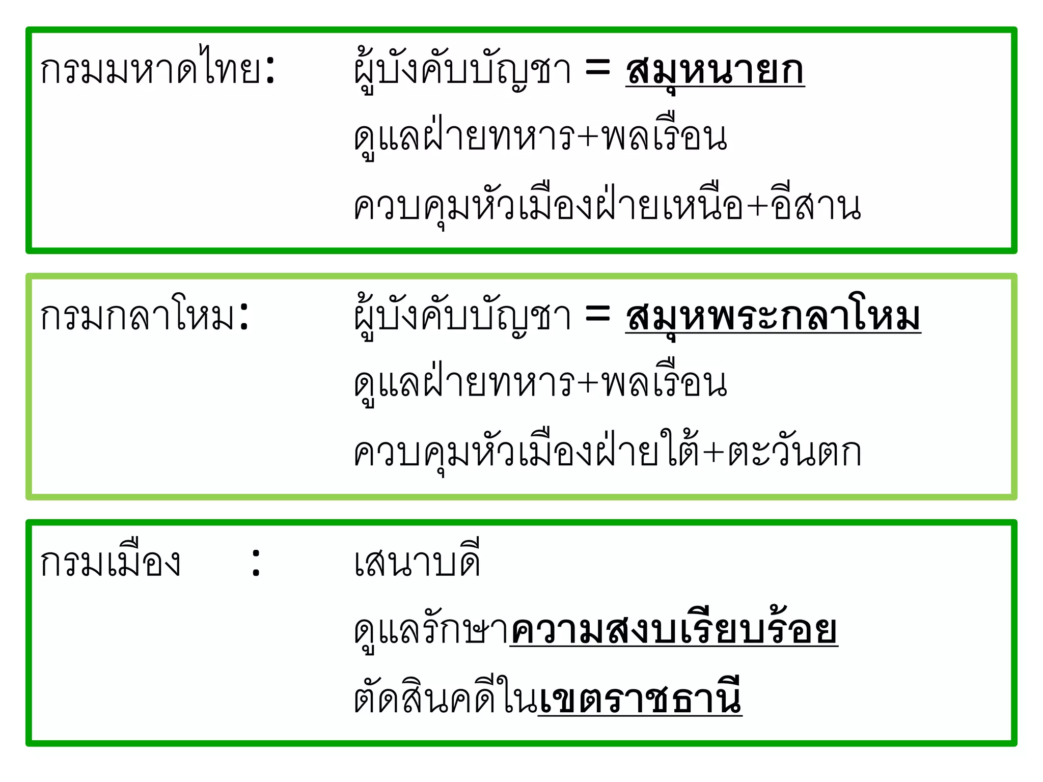 กรมมหาดไทย: ผู้บังคับบัญชา = สมุหนายก
ดูแลฝ่ายทหาร+พลเรือน
ควบคุมหัวเมืองฝ่ายเหนือ+อีสาน
กรมกลาโหม: ผู้บังคับบัญชา = สมุหพระกลาโหม
ดูแลฝ่ายทหาร+พลเรือน
ควบคุมหัวเมืองฝ่ายใต้+ตะวันตก
กรมเมือง : เสนาบดี
ดูแลรักษาความสงบเรียบร้อย
ตัดสินคดีในเขตราชธานี
 
