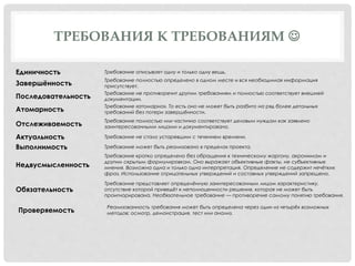 ТРЕБОВАНИЯ К ТРЕБОВАНИЯМ 
Единичность Требование описывает одну и только одну вещь.
Завершённость
Требование полностью определено в одном месте и вся необходимая информация
присутствует.
Последовательность
Требование не противоречит другим требованиям и полностью соответствует внешней
документации.
Атомарность
Требование «атомарно». То есть оно не может быть разбито на ряд более детальных
требований без потери завершённости.
Отслеживаемость
Требование полностью или частично соответствует деловым нуждам как заявлено
заинтересованными лицами и документировано.
Актуальность Требование не стало устаревшим с течением времени.
Выполнимость Требование может быть реализовано в пределах проекта.
Недвусмысленность
Требование кратко определено без обращения к техническому жаргону, акронимам и
другим скрытым формулировкам. Оно выражает объективные факты, не субъективные
мнения. Возможна одна и только одна интерпретация. Определение не содержит нечётких
фраз. Использование отрицательных утверждений и составных утверждений запрещено.
Обязательность
Требование представляет определённую заинтересованным лицом характеристику,
отсутствие которой приведёт к неполноценности решения, которая не может быть
проигнорирована. Необязательное требование — противоречие самому понятию требования.
Проверяемость
Реализованность требования может быть определена через один из четырёх возможных
методов: осмотр, демонстрация, тест или анализ.
 