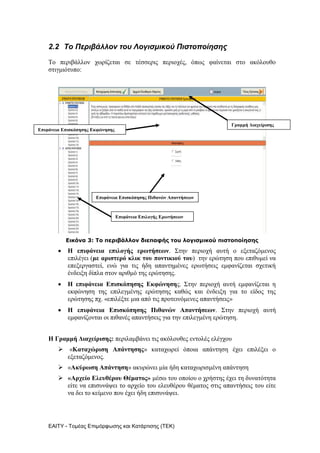 ΕΑΙΣΤ - Σομέας Επιμόρθωζης και Καηάρηιζης (ΣΕΚ)
2.2 Τν Πεξηβάιινλ τνπ Λνγησκηθνύ Πηστνπνίεσεο
Σν πεξηβάιινλ ρσξίδεηαη ζε ηέζζεξηο πεξηνρέο, όπσο θαίλεηαη ζην αθόινπζν
ζηηγκηόηππν:
Εηθόλα 3: Τν πεξηβάιινλ δηεπαθήο ηνπ ινγηζκηθνύ πηζηνπνίεζεο
 Η επηθάλεηα επηινγήο εξσηήζεσλ. ΢ηελ πεξηνρή απηή ν εμεηαδόκελνο
επηιέγεη (κε αξηζηεξό θιηθ ηνπ πνληηθηνύ ηνπ) ηελ εξώηεζε πνπ επηζπκεί λα
επεμεξγαζηεί, ελώ γηα ηηο ήδε απαληεκέλεο εξσηήζεηο εκθαλίδεηαη ζρεηηθή
έλδεημε δίπια ζηνλ αξηζκό ηεο εξώηεζεο.
 Η επηθάλεηα Δπηζθόπεζεο Δθθώλεζεο. ΢ηελ πεξηνρή απηή εκθαλίδεηαη ε
εθθώλεζε ηεο επηιεγκέλεο εξώηεζεο θαζώο θαη έλδεημε γηα ην είδνο ηεο
εξώηεζεο πρ. «επηιέμηε κηα από ηηο πξνηεηλόκελεο απαληήζεηο»
 Η επηθάλεηα Δπηζθόπεζεο Πηζαλώλ Απαληήζεσλ. ΢ηελ πεξηνρή απηή
εκθαλίδνληαη νη πηζαλέο απαληήζεηο γηα ηελ επηιεγκέλε εξώηεζε.
Η Γξακκή Γηαρείξηζεο: πεξηιακβάλεη ηηο αθόινπζεο εληνιέο ειέγρνπ
 «Καηαρώξηζε Απάληεζεο» θαηαρσξεί όπνηα απάληεζε έρεη επηιέμεη ν
εμεηαδόκελνο.
 «Αθύξσζε Απάληεζε» αθπξώλεη κία ήδε θαηαρσξηζκέλε απάληεζε
 «Αξρείν Διεπζέξνπ Θέκαηνο» κέζσ ηνπ νπνίνπ ν ρξήζηεο έρεη ηε δπλαηόηεηα
είηε λα επηζπλάςεη ην αξρείν ηνπ ειεπζέξνπ ζέκαηνο ζηηο απαληήζεηο ηνπ είηε
λα δεη ην θείκελν πνπ έρεη ήδε επηζπλάςεη.
Γξακκή Γηαρείξηζεο
Δπηθάλεηα Δπηζθόπεζεο Δθθώλεζεο
Δπηθάλεηα Δπηζθόπεζεο Πηζαλώλ Απαληήζεσλ
Δπηθάλεηα Δπηινγήο Δξσηήζεσλ
 