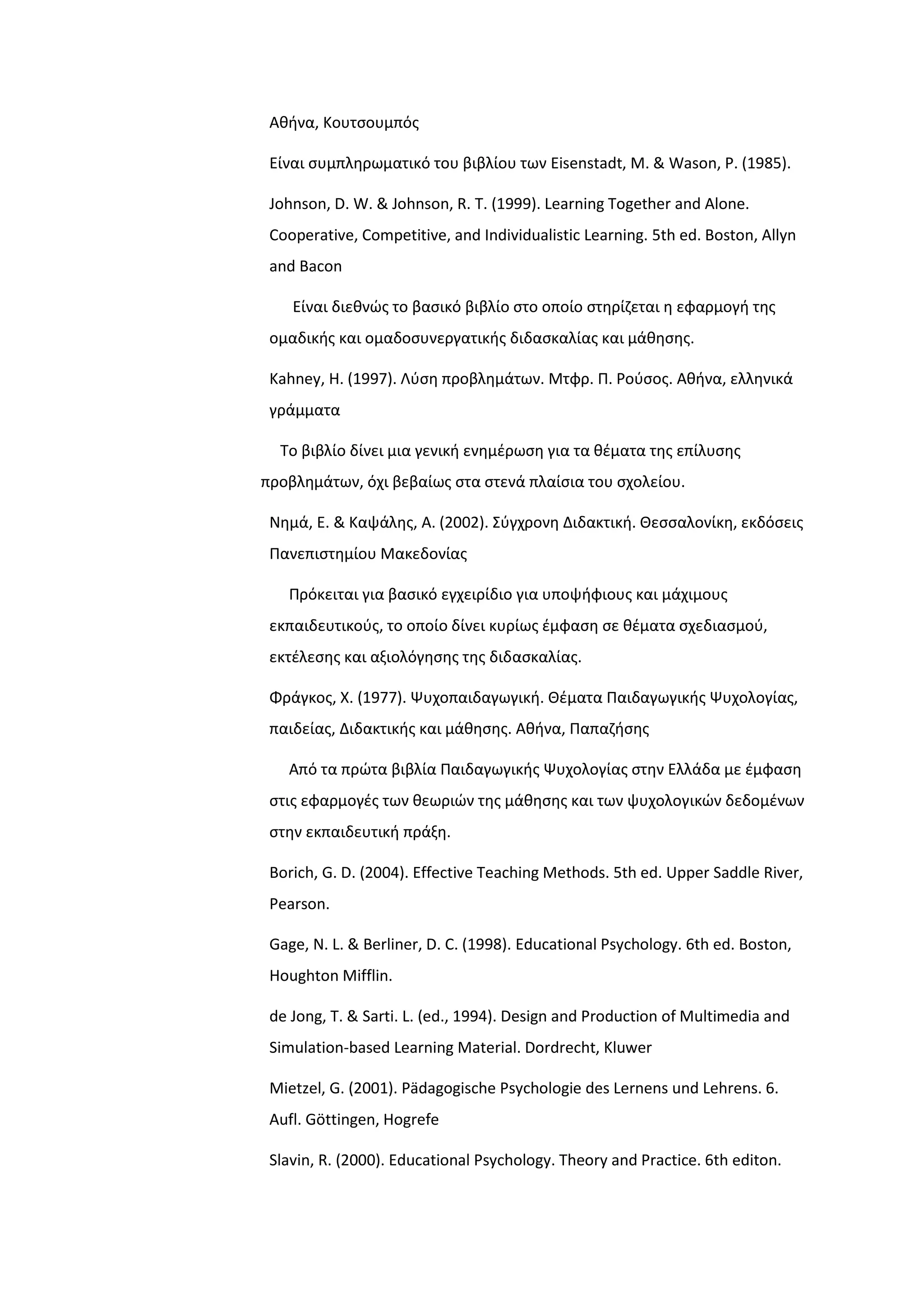 Ακινα, Κουτςουμπόσ
Είναι ςυμπλθρωματικό του βιβλίου των Eisenstadt, M. & Wason, P. (1985).
Johnson, D. W. & Johnson, R. Σ. (1999). Learning Together and Alone.
Cooperative, Competitive, and Individualistic Learning. 5th ed. Boston, Allyn
and Bacon
Είναι διεκνϊσ το βαςικό βιβλίο ςτο οποίο ςτθρίηεται θ εφαρμογι τθσ
ομαδικισ και ομαδοςυνεργατικισ διδαςκαλίασ και μάκθςθσ.
Kahney, H. (1997). Λφςθ προβλθμάτων. Μτφρ. Π. Ροφςοσ. Ακινα, ελλθνικά
γράμματα
Σο βιβλίο δίνει μια γενικι ενθμζρωςθ για τα κζματα τθσ επίλυςθσ
προβλθμάτων, όχι βεβαίωσ ςτα ςτενά πλαίςια του ςχολείου.
Νθμά, Ε. & Καψάλθσ, Α. (2002). ΢φγχρονθ Διδακτικι. Θεςςαλονίκθ, εκδόςεισ
Πανεπιςτθμίου Μακεδονίασ
Πρόκειται για βαςικό εγχειρίδιο για υποψιφιουσ και μάχιμουσ
εκπαιδευτικοφσ, το οποίο δίνει κυρίωσ ζμφαςθ ςε κζματα ςχεδιαςμοφ,
εκτζλεςθσ και αξιολόγθςθσ τθσ διδαςκαλίασ.
Φράγκοσ, Χ. (1977). Ψυχοπαιδαγωγικι. Θζματα Παιδαγωγικισ Ψυχολογίασ,
παιδείασ, Διδακτικισ και μάκθςθσ. Ακινα, Παπαηιςθσ
Από τα πρϊτα βιβλία Παιδαγωγικισ Ψυχολογίασ ςτθν Ελλάδα με ζμφαςθ
ςτισ εφαρμογζσ των κεωριϊν τθσ μάκθςθσ και των ψυχολογικϊν δεδομζνων
ςτθν εκπαιδευτικι πράξθ.
Borich, G. D. (2004). Effective Teaching Methods. 5th ed. Upper Saddle River,
Pearson.
Gage, N. L. & Berliner, D. C. (1998). Educational Psychology. 6th ed. Boston,
Houghton Mifflin.
de Jong, T. & Sarti. L. (ed., 1994). Design and Production of Multimedia and
Simulation-based Learning Material. Dordrecht, Kluwer
Mietzel, G. (2001). Pädagogische Psychologie des Lernens und Lehrens. 6.
Aufl. Göttingen, Hogrefe
Slavin, R. (2000). Educational Psychology. Theory and Practice. 6th editon.
 