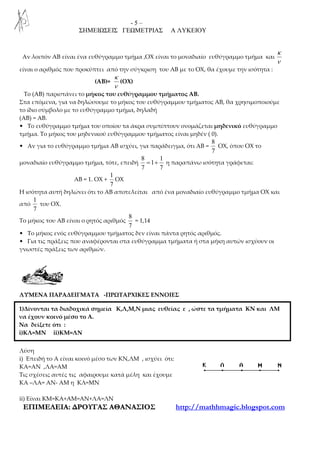 - 5 –
ΣΗΜΕΙΩΣΕΙΣ ΓΕΩΜΕΤΡΙΑΣ Α ΛΥΚΕΙΟΥ
ΕΕΠΠΙΙΜΜΕΕΛΛΕΕΙΙΑΑ:: ∆∆ΡΡΟΟΥΥΓΓΑΑΣΣ ΑΑΘΘΑΑΝΝΑΑΣΣΙΙΟΟΣΣ http://mathhmagic.blogspot.com
Αν λοιπόν ΑΒ είναι ένα ευθύγραμμο τμήμα ,ΟΧ είναι το μοναδιαίο ευθύγραμμο τμήμα και
κ
ν
είναι ο αριθμός που προκύπτει από την σύγκριση του ΑΒ με το ΟΧ, θα έχουμε την ισότητα :
(ΑΒ)=
κ
ν
(ΟΧ)
To (AB) παριστάνει το μήκος του ευθύγραμμου τμήματος ΑΒ.
Στα επόμενα, για να δηλώσουμε το μήκος του ευθύγραμμου τμήματος ΑΒ, θα χρησιμοποιούμε
το ίδιο σύμβολο με το ευθύγραμμο τμήμα, δηλαδή
(ΑΒ) = ΑΒ.
• Το ευθύγραμμο τμήμα του οποίου τα άκρα συμπίπτουν ονομάζεται μηδενικό ευθύγραμμο
τμήμα. Το μήκος του μηδενικού ευθύγραμμου τμήματος είναι μηδέν ( 0).
• Αν για το ευθύγραμμο τμήμα ΑΒ ισχύει, για παράδειγμα, ότι ΑΒ =
8
7
ΟΧ, όπου ΟΧ το
μοναδιαίο ευθύγραμμο τμήμα, τότε, επειδή
8 1
1
7 7
= + η παραπάνω ισότητα γράφεται:
ΑΒ = 1. ΟΧ +
1
7
ΟΧ
Η ισότητα αυτή δηλώνει ότι το ΑΒ αποτελείται από ένα μοναδιαίο ευθύγραμμο τμήμα ΟΧ και
από
1
7
του ΟΧ.
Το μήκος του ΑΒ είναι ο ρητός αριθμός
8
7
= 1,14
• Το μήκος ενός ευθύγραμμου τμήματος δεν είναι πάντα ρητός αριθμός.
• Για τις πράξεις που αναφέρονται στα ευθύγραμμα τμήματα ή στα μήκη αυτών ισχύουν οι
γνωστές πράξεις των αριθμών.
ΛΥΜΕΝΑ ΠΑΡΑΔΕΙΓΜΑΤΑ -ΠΡΩΤΑΡΧΙΚΕΣ ΕΝΝΟΙΕΣ
Λύση
i) Επειδή το Α είναι κοινό μέσο των ΚΝ,ΛΜ , ισχύει ότι:
ΚΑ=ΑΝ ,ΛΑ=ΑΜ
Τις σχέσεις αυτές τις αφαιρουμε κατά μέλη και έχουμε
ΚΑ –ΛΑ= ΑΝ- ΑΜ η ΚΛ=ΜΝ
ii) Είναι ΚΜ=ΚΑ+ΑΜ=ΑΝ+ΛΑ=ΛΝ
1)Δίνονται τα διαδοχικά σημεία Κ,Λ,Μ,Ν μιας ευθείας ε , ώστε τα τμήματα ΚΝ και ΛΜ
να έχουν κοινό μέσο το Α.
Να δείξετε ότι :
i)ΚΛ=ΜΝ ii)KM=ΛΝ
 