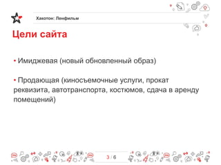 Хакотон: Ленфильм
3 / 6
• Имиджевая (новый обновленный образ)
• Продающая (киносъемочные услуги, прокат
реквизита, автотранспорта, костюмов, сдача в аренду
помещений)
Цели сайта
 