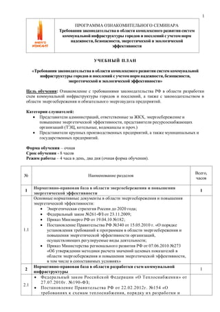 1
ПРОГРАММА ОЗНАКОМИТЕЛЬНОГО СЕМИНАРА
Требования законодательства в области комплексного развития систем
коммунальной инфраструктуры городов и поселений с учетом норм
надежности, безопасности, энергетической и экологической
эффективности
УЧЕБНЫЙ ПЛАН
«Требования законодательства в области комплексного развития систем коммунальной
инфраструктуры городов и поселений с учетом норм надежности, безопасности,
энергетической и экологической эффективности»
Цель обучения: Ознакомление с требованиями законодательства РФ в области разработки
схем коммунальной инфраструктуры городов и поселений, а также с законодательством в
области энергосбережения и обязательного энергоаудита предприятий.
Категории слушателей:
 Представители администраций, ответственные за ЖКХ, энергосбережение и
повышение энергетической эффективности, представители ресурсоснабжающих
организаций (ТЭЦ, котельные, водоканалы и проч.)
 Представители крупных производственных предприятий, а также муниципальных и
государственных предприятий.
Форма обучения – очная
Срок обучения - 8 часов
Режим работы – 4 часа в день, два дня (очная форма обучения).
№ Наименование разделов
Всего,
часов
1
Нормативно-правовая база в области энергосбережения и повышения
энергетической эффективности
1
1.1
Основные нормативные документы в области энергосбережения и повышения
энергетической эффективности:
 Энергетическая стратегия России до 2020 года;
 Федеральный закон №261-ФЗ от 23.11.2009;
 Приказ Минэнерго РФ от 19.04.10 №182;
 Постановление Правительства РФ №340 от 15.05.2010 г. «О порядке
установления требований к программам в области энергосбережения и
повышения энергетической эффективности организаций,
осуществляющих регулируемые виды деятельности;
 Приказ Министерства регионального развития РФ от 07.06.2010 №273
«Об утверждении методики расчета значений целевых показателей в
области энергосбережения и повышения энергетической эффективности,
в том числе в сопоставимых условиях»
2
Нормативно-правовая база в области разработки схем коммунальной
инфраструктуры
1
2.1
 Федеральный закон Российской Федерации «О Теплоснабжении» от
27.07.2010г. №190-ФЗ;
 Постановление Правительства РФ от 22.02.2012г. №154 «О
требованиях к схемам теплоснабжения, порядку их разработки и
 