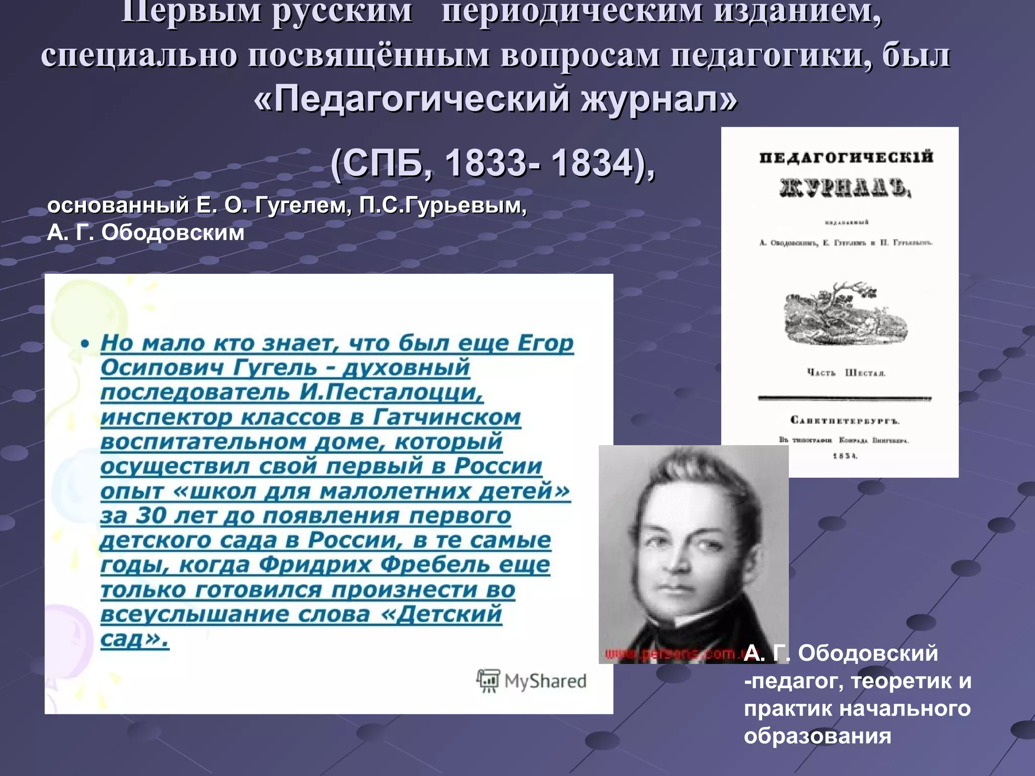 Первым русПервым руссскимким периодичпериодическимеским изданием,изданием,
специально посвящённым вопросам педагогики, былспециально посвящённым вопросам педагогики, был
«Педагогический журнал»«Педагогический журнал»
(СПБ, 1833- 1834),(СПБ, 1833- 1834),
основанный Е. О. Гугелем, П.С.Гурьевым,основанный Е. О. Гугелем, П.С.Гурьевым,
А. Г. Ободовским
А. Г. Ободовский
-педагог, теоретик и
практик начального
образования
 