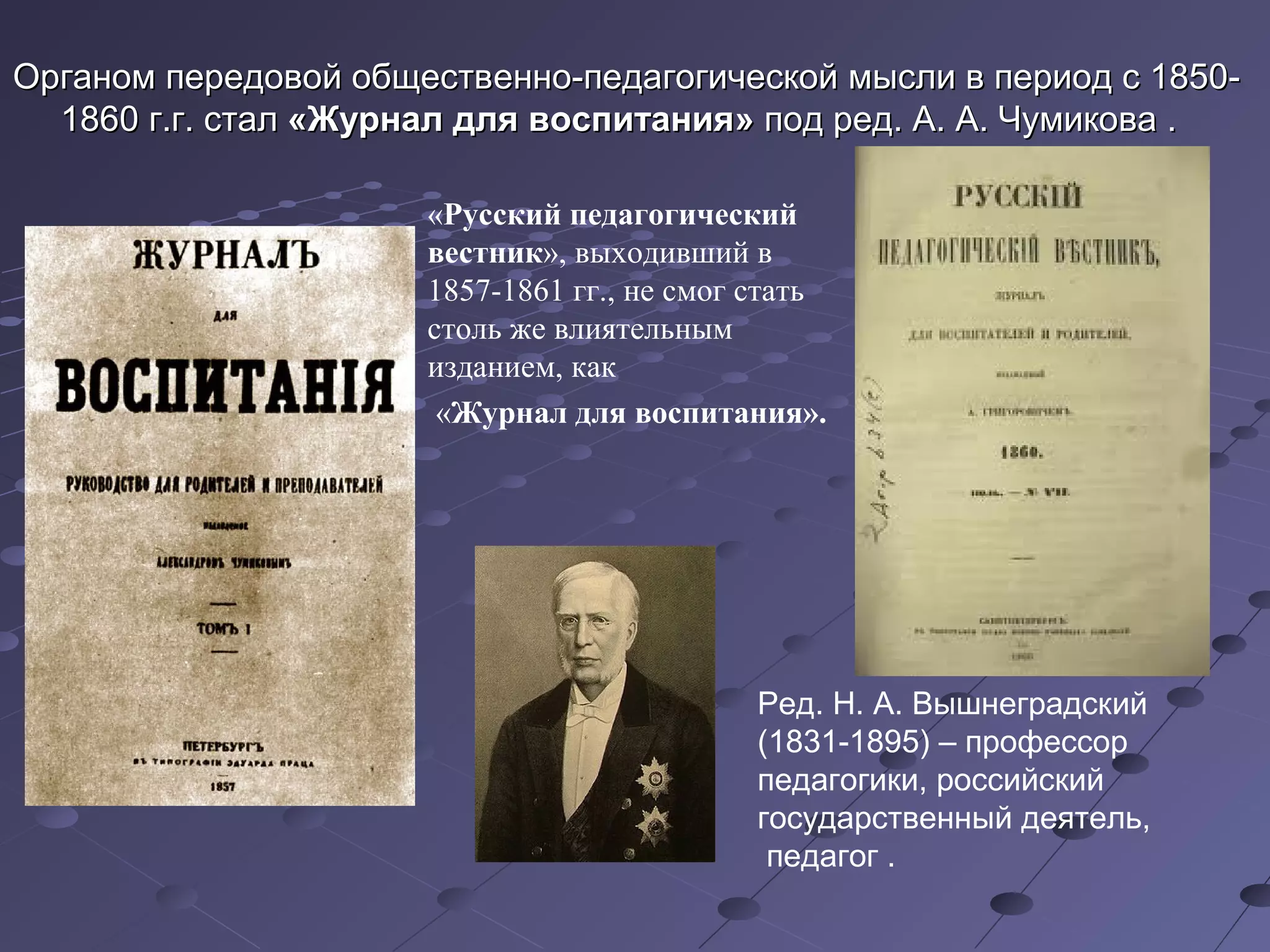 Органом передовой обществОрганом передовой общественно-енно-педпедагогическойагогической мыслимысли в период с 1850-в период с 1850-
1860 г.г.1860 г.г. сталстал ««Журнал для воспитанияЖурнал для воспитания»» под ред. А. А. Чумиковапод ред. А. А. Чумикова ..
«Русский педагогический
вестник», выходивший в
1857-1861 гг., не смог стать
столь же влиятельным
изданием, как
«Журнал для воспитания».
Ред. Н. А. Вышнеградский
(1831-1895) – профессор
педагогики, российский
государственный деятель,
педагог .
 