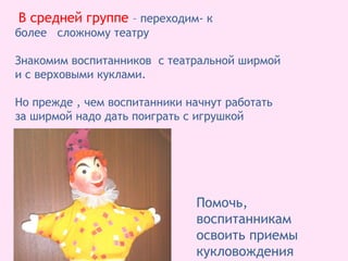 В средней группе – переходим- к
более сложному театру
Знакомим воспитанников с театральной ширмой
и с верховыми куклами.
Но прежде , чем воспитанники начнут работать
за ширмой надо дать поиграть с игрушкой
Помочь,
воспитанникам
освоить приемы
кукловождения
 