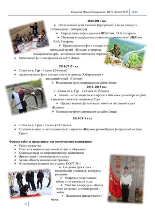 Ковалева Ирина Валерьевна, МОУ Лицей №33 2014
20
2010-2011 год
 Исследование реки Силинка (прозрачность воды, скорость
течения реки, температура)
 Определение пород деревьев ЦПКО им. Ю.А. Гагарина
 Изучение и определение почвенных горизонтов в ЦПКО им.
Ю.А. Гагарина
 Предоставление фото и видео отчета в
школьный музей «Истоки» о природе
Хабаровского края, коллекции геологических образцов.
 Размещение фото материалов на сайте Лицея
2011-2012 год
 Сплав по р. Гур – 1 сезон (2-6 июля)
 предоставление фото и видео отчета о природе Хабаровского в
школьный музей «Истоки»
 Размещение фото материалов на сайте Лицея
2012- 2013 год
 Сплав по р. Гур – 2 сезон (10-15июля)
 Защита исследовательскго проекта «Видовое разнообразие рыб
в среднем и нижнем течениях р.Гур»
 Предоставление фото и видео отчета в школьный музей
«Истоки»
 Размещение фото материалов на сайте Лицея
2013-2014 год
 Сплав по р. Туюн– 3 сезон (2-12 июля)
 Создание и защита исследовательскго проекта «Видовое разнообразие флоры в пойме реки
Туюн»
Формы работы гражданско-патриотического воспитания:
 Уроки мужества
 Участие в военно-спортивной эстафете «Зарница»
 Классные часы по патриотическому воспитанию
 Презентации о знаменательных датах
 Акции «Вместе поможем ветеранам»
 «Поклонимся великим тем годам», ПОСТ № 1
 Создание проектов и
презентаций учащихся, конкурсы
рисунков
 Встречи с участниками
войны и тружениками тыла
 Участие в конкурсах «Когда
поют солдаты», стихотворений о
войне
 Посещения краеведческого
музея.
 