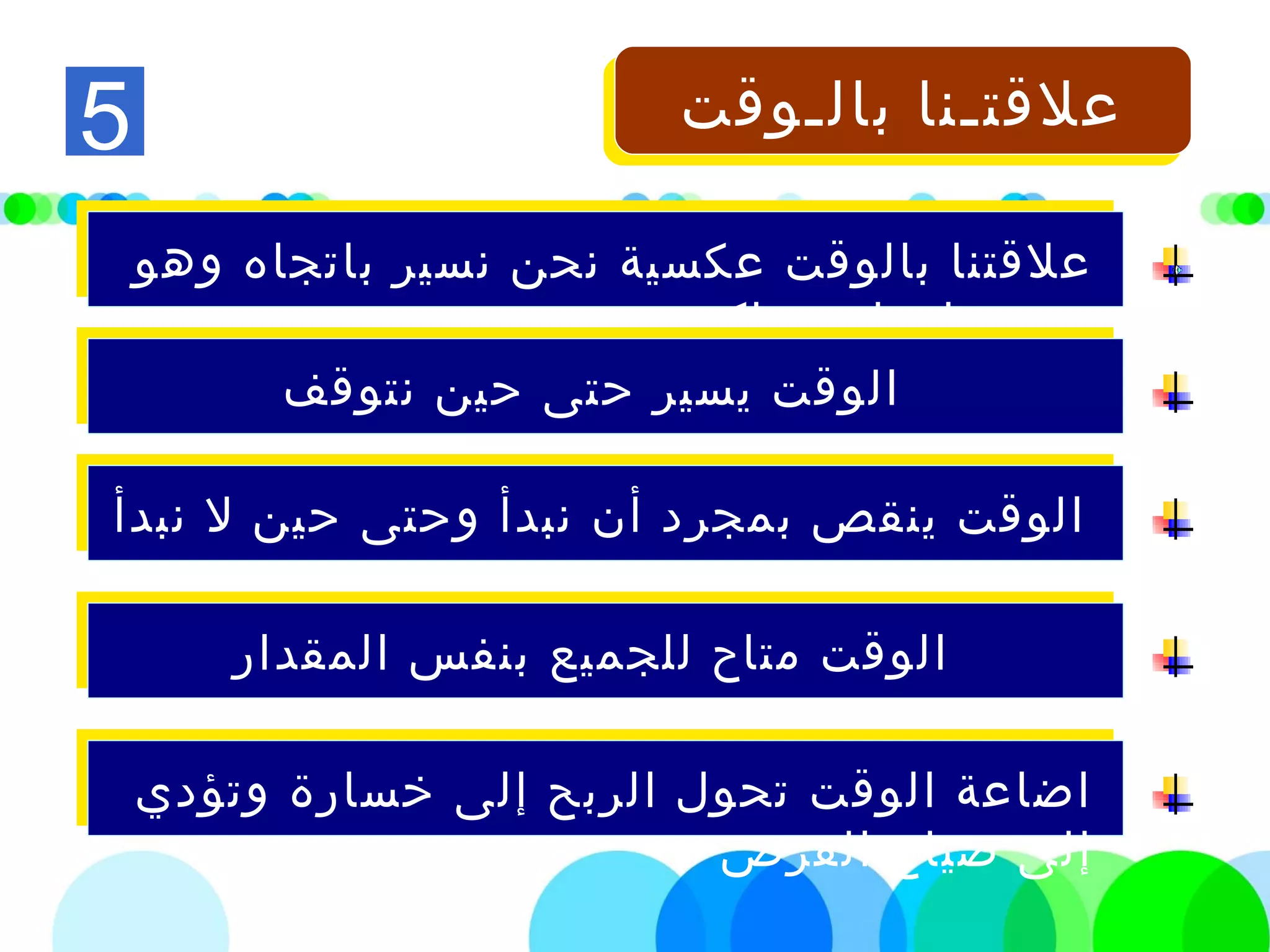 ‫بالـوقت‬ ‫علقتـنا‬‫بالـوقت‬ ‫علقتـنا‬
‫وهو‬ ‫باتجاه‬ ‫نسير‬ ‫نحن‬ ‫عكسية‬ ‫بالوقت‬ ‫علقتنا‬
‫معاكس‬ ‫باتجاه‬ ‫يسير‬
‫نتوقف‬ ‫حين‬ ‫حتى‬ ‫يسير‬ ‫الوقت‬
‫نبدأ‬ ‫ل‬ ‫حين‬ ‫وحتى‬ ‫نبدأ‬ ‫أن‬ ‫بمجرد‬ ‫ينقص‬ ‫الوقت‬
‫المقدار‬ ‫بنفس‬ ‫للجميع‬ ‫متاح‬ ‫الوقت‬
‫وتؤدي‬ ‫خسارة‬ ‫إلى‬ ‫الربح‬ ‫تحول‬ ‫الوقت‬ ‫اضاعة‬
‫الفرص‬ ‫ضياع‬ ‫إلى‬
5
 
