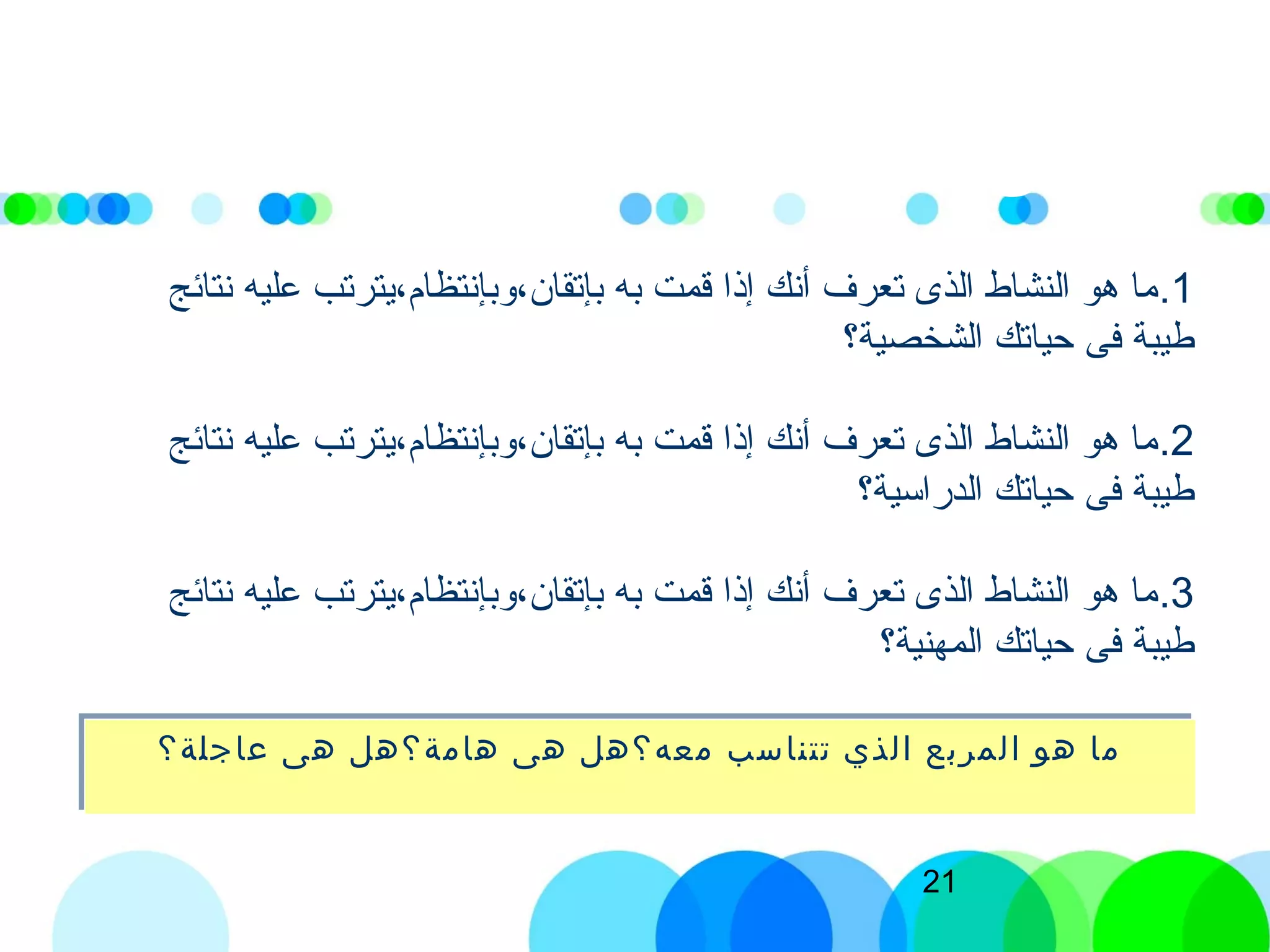 21
..‫الثلثة‬ ‫السئلة‬ ‫على‬ ‫إجاباتك‬ ‫تذكر‬ ‫الن‬
‫..الولى‬
‫عاجلة؟‬ ‫هى‬ ‫هامة؟هل‬ ‫هى‬ ‫معه؟هل‬ ‫تتناسب‬ ‫الذي‬ ‫المربع‬ ‫هو‬ ‫ما‬‫عاجلة؟‬ ‫هى‬ ‫هامة؟هل‬ ‫هى‬ ‫معه؟هل‬ ‫تتناسب‬ ‫الذي‬ ‫المربع‬ ‫هو‬ ‫ما‬
1.‫نتائج‬ ‫عليه‬ ‫بإتقان،وبإنتظام،يترتب‬ ‫به‬ ‫قمت‬ ‫إذا‬ ‫أنك‬ ‫تعرف‬ ‫الذى‬ ‫النشاط‬ ‫هو‬ ‫ثما‬
‫الشخصية؟‬ ‫حياتك‬ ‫فى‬ ‫طيبة‬
2.‫نتائج‬ ‫عليه‬ ‫بإتقان،وبإنتظام،يترتب‬ ‫به‬ ‫قمت‬ ‫إذا‬ ‫أنك‬ ‫تعرف‬ ‫الذى‬ ‫النشاط‬ ‫هو‬ ‫ثما‬
‫الدراتسية؟‬ ‫حياتك‬ ‫فى‬ ‫طيبة‬
3.‫نتائج‬ ‫عليه‬ ‫بإتقان،وبإنتظام،يترتب‬ ‫به‬ ‫قمت‬ ‫إذا‬ ‫أنك‬ ‫تعرف‬ ‫الذى‬ ‫النشاط‬ ‫هو‬ ‫ثما‬
‫المهنية؟‬ ‫حياتك‬ ‫فى‬ ‫طيبة‬
 