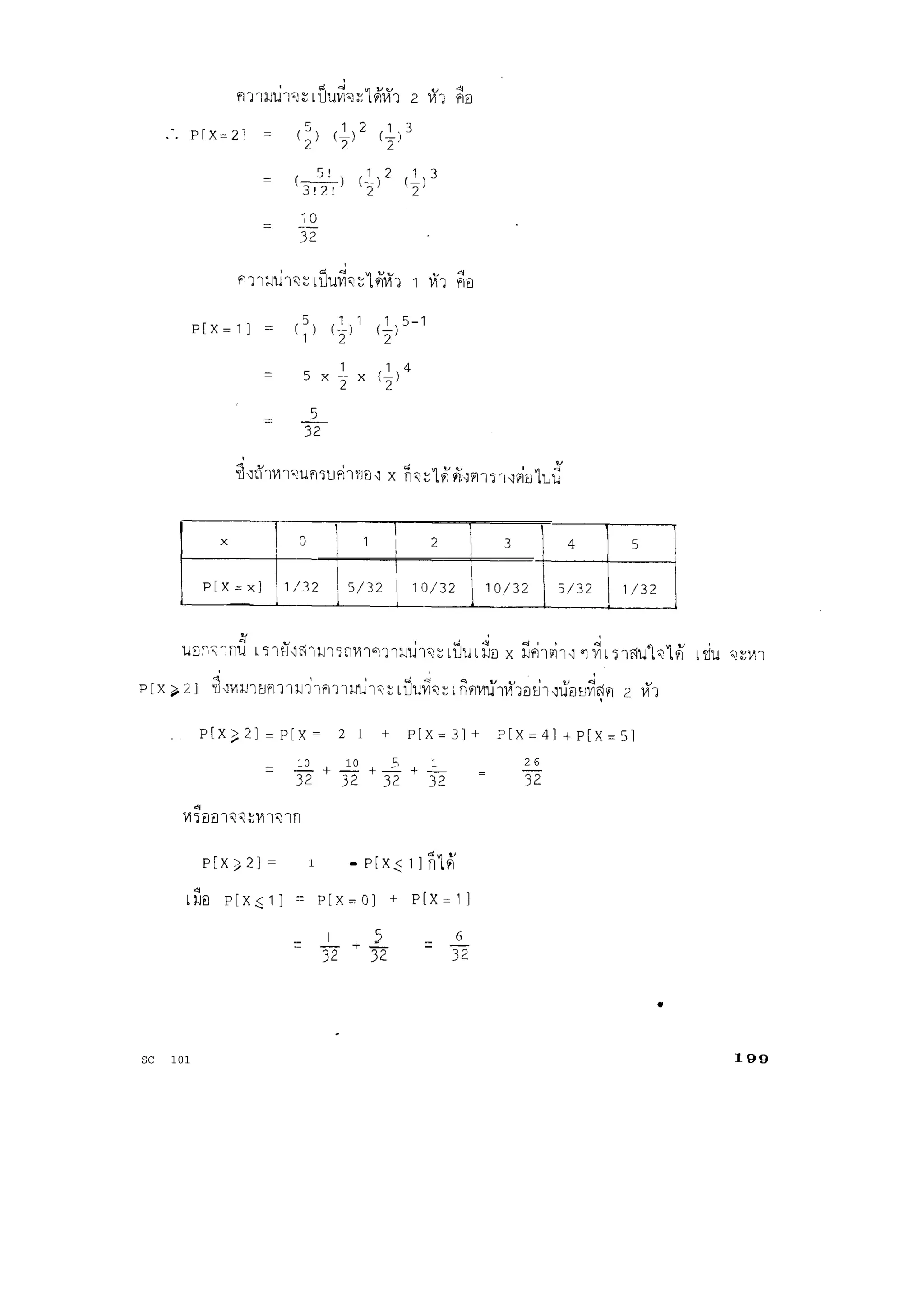 . . P[X>21= P[X = 2 1 + P[X=31 + P[X=4] + P[X=51
= 10 10 5 1
q+p+=+z =
2 6
3-F
M~Dal~~~Ml~l~~
P[X>21 = 1 - P[X_<ll i?G
LiEI P[X<ll z= P[X-01 + P[X=ll
1TZ 5-+- = 6
32 32 12
SC 101 199
 
