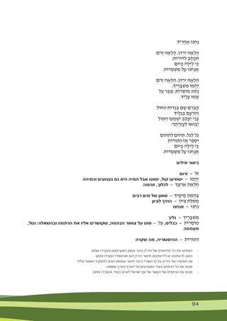 94 94
.‫יָך‬ ֶ‫ר‬ֲ‫ח‬ ַ‫א‬ ‫נּו‬ ְ‫ח‬ַ‫נ‬
‫ֹם‬‫ר‬ְ‫ז‬ ‫ה‬ ָ‫א‬ ְ‫ל‬ ָ‫ה‬ ,‫ן‬ ֵ‫ּד‬ ְ‫ַר‬‫י‬ ‫ה‬ ָ‫א‬ ְ‫ל‬ ָ‫ה‬
,‫ּדֹורֹות‬ ַ‫ל‬ ‫ב‬ ֵ‫ת‬ ָ‫ּכ‬ ִ‫ּת‬
‫ּיֹום‬ ַ‫ּכ‬ ‫ה‬ ָ‫ל‬ְ‫י‬ ַ‫ל‬ ‫י‬ ִ‫ּכ‬
.‫רֹות‬ ָ‫מ‬ ְ‫ׁש‬ ִ‫מ‬ ‫ל‬ ַ‫ע‬ ‫נּו‬ ְ‫ח‬ַ‫נ‬ ֲ‫א‬
‫ֹם‬‫ר‬ְ‫ז‬ ‫ה‬ ָ‫א‬ ְ‫ל‬ ָ‫ה‬ ,‫ן‬ ֵ‫ּד‬ ְ‫ַר‬‫י‬ ‫ה‬ ָ‫א‬ ְ‫ל‬ ָ‫ה‬
,‫יָך‬ ֶ‫ר‬ ָ‫ּב‬ ְ‫ׁש‬ ִ‫מ‬ ‫מּו‬ֱ‫ֶה‬‫י‬
‫ֹל‬‫ע‬ ‫ר‬ ֵ‫ּב‬ ַ‫ׁש‬ ,‫רֹות‬ ֵ‫מֹוס‬ ‫ק‬ ֵ‫ּת‬ַ‫נ‬
.‫יָך‬ֶ‫ל‬ ָ‫ע‬ ‫מּו‬ ָ‫ׂש‬
‫חֹול‬ ַ‫ה‬ ‫דֹות‬ְ‫ג‬ ִ‫ּב‬ ‫ם‬ ָ‫ׁש‬ ‫ם‬ ֵ‫ר‬ ְ‫ב‬ ָ‫ק‬
‫יָך‬ֶ‫ַּל‬‫ג‬ ְ‫ּב‬ ‫ם‬ ֵ‫ע‬ ְ‫ר‬ ַ‫ה‬ְ‫ו‬
‫ּקֹול‬ ַ‫ה‬ ‫עּו‬ ְ‫מ‬ ְ‫ׁש‬ִ‫י‬ ‫ֹב‬‫ק‬ֲ‫ע‬ַ‫י‬ ‫ֵי‬‫נ‬ ְ‫ּב‬
!‫ְך‬ ֶ‫ת‬ ָ‫ר‬ְ‫ז‬ ֶ‫ע‬ ְ‫ל‬ ‫ָבֹואּו‬‫י‬
‫הֹום‬ ְ‫ת‬ ִ‫ל‬ ‫הֹום‬ ְ‫ּת‬ ,‫ַל‬‫ג‬ ְ‫ל‬ ‫ַל‬‫ּג‬
‫ּקֹורֹות‬ ַ‫ה‬ ‫ז‬ ָ‫א‬ ‫ר‬ ֵ‫ּפ‬ ַ‫ס‬ְ‫י‬
‫ּיֹום‬ ַ‫ּכ‬ ‫ה‬ ָ‫ל‬ְ‫י‬ ַ‫ל‬ ‫י‬ ִ‫ּכ‬
.‫רֹות‬ ָ‫מ‬ ְ‫ׁש‬ ִ‫מ‬ ‫ל‬ ַ‫ע‬ ‫נּו‬ ְ‫ח‬ַ‫נ‬ ֲ‫א‬
‫מילים‬ ‫ביאור‬
‫זרום‬ — ‫ֹל‬‫ז‬
‫וכמיהה‬ ‫געגועים‬ ‫גם‬ ‫היא‬ ‫המיה‬ ‫אבל‬ ‫יסאנו‬ ,‫קול‬ ‫ישמיעו‬ — ‫מּו‬ֱ‫ֶה‬‫י‬
‫זוהמה‬ ,‫לכלוך‬ — ‫ָך‬ ֶ‫צ‬ ְ‫ר‬ ַ‫א‬ ‫ת‬ ַ‫א‬ ְ‫ל‬ ֶ‫ח‬
‫רבים‬ ‫מים‬ ‫של‬ ‫שאון‬ — ‫יָך‬ ֶ‫ימ‬ ֵ‫מ‬ ‫מֹון‬ֲ‫ה‬ ַ‫ּב‬
‫לציון‬ ‫הדרך‬ — ‫ּיֹון‬ ִ‫צ‬ ‫ת‬ ַ‫ּל‬ ִ‫ס‬ ְ‫מ‬
‫אנחנו‬ — ‫נּו‬ ְ‫ח‬ַ‫נ‬
‫גליך‬ — ‫יך‬ ֶ‫ר‬ ָ‫ּב‬ ְ‫ׁש‬ ִ‫מ‬
,‫נטל‬ :‫ובהשאלה‬ ‫הרתמה‬ ‫את‬ ‫אליו‬ ‫שקושרים‬ ,‫הבהמה‬ ‫צוואר‬ ‫על‬ ‫מוט‬ — ‫ֹל‬‫ע‬ ,‫כבלים‬ — ‫רֹות‬ ֵ‫מֹוס‬
‫מעמסה‬
‫שקרה‬ ‫מה‬ ,‫ההיסטוריה‬ — ‫ּקֹורֹות‬ ַ‫ה‬
.‫אותם‬ ‫והסבירו‬ ‫וסואן‬ ‫רועש‬ ,‫עצום‬ ‫כנהר‬ ‫הירדן‬ ‫של‬ ‫התיאורים‬ ‫כל‬ ‫את‬ ‫העתיקו‬ 	$
.‫ונמקו‬ ‫הסבירו‬ ?‫מציאותי‬ ‫הוא‬ ‫הירדן‬ ‫תיאור‬ ,‫לידיעתכם‬ ‫או‬ ,‫לדעתכם‬ ,‫האם‬ 	$
?‫עליו‬ ‫המוטל‬ ‫לתפקיד‬ ‫תורם‬ ‫עוצמתו‬ ‫תיאור‬ ‫כיצד‬ ?‫השיר‬ ‫פי‬ ‫על‬ ,‫הירדן‬ ‫של‬ ‫תפקידו‬ ‫מה‬ 	$
.‫שוממה‬ ‫כארץ‬ ‫הארץ‬ ‫על‬ ‫המצביעים‬ ‫בשיר‬ ‫הרמזים‬ ‫כל‬ ‫את‬ ‫מצאו‬ 	$
.‫אותם‬ ‫והסבירו‬ ,‫בשיר‬ ‫לארצו‬ ‫ישראל‬ ‫עם‬ ‫של‬ ‫הקשר‬ ‫של‬ ‫הביטויים‬ ‫את‬ ‫מצאו‬ 	$
 