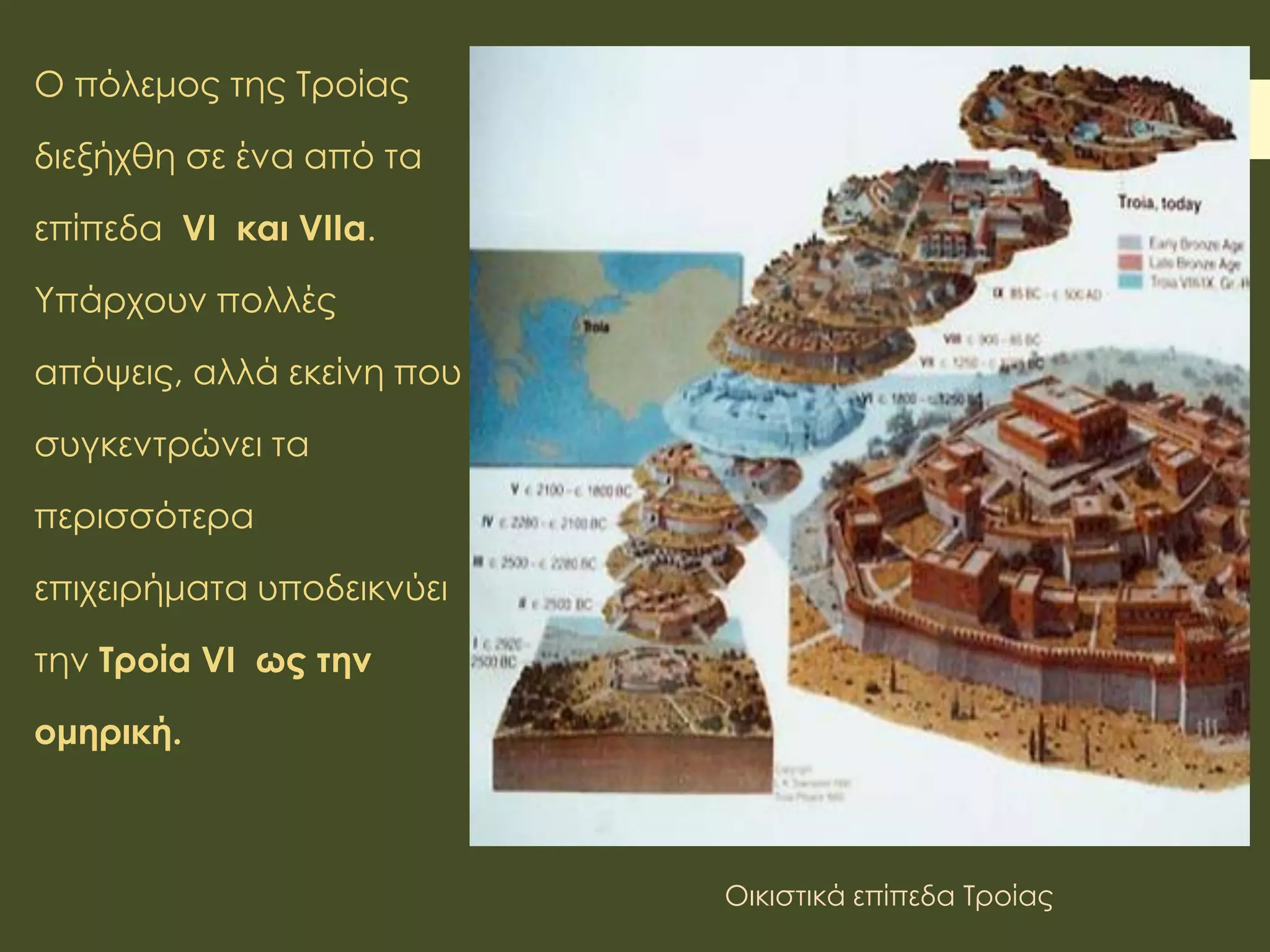 Ο πόλεμος της Τροίας
διεξήχθη σε ένα από τα
επίπεδα VI και VIIa.
Υπάρχουν πολλές
απόψεις, αλλά εκείνη που
συγκεντρώνει τα
περισσότερα
επιχειρήματα υποδεικνύει
την Τροία VI ως την
ομηρική.
Οικιστικά επίπεδα Τροίας
 