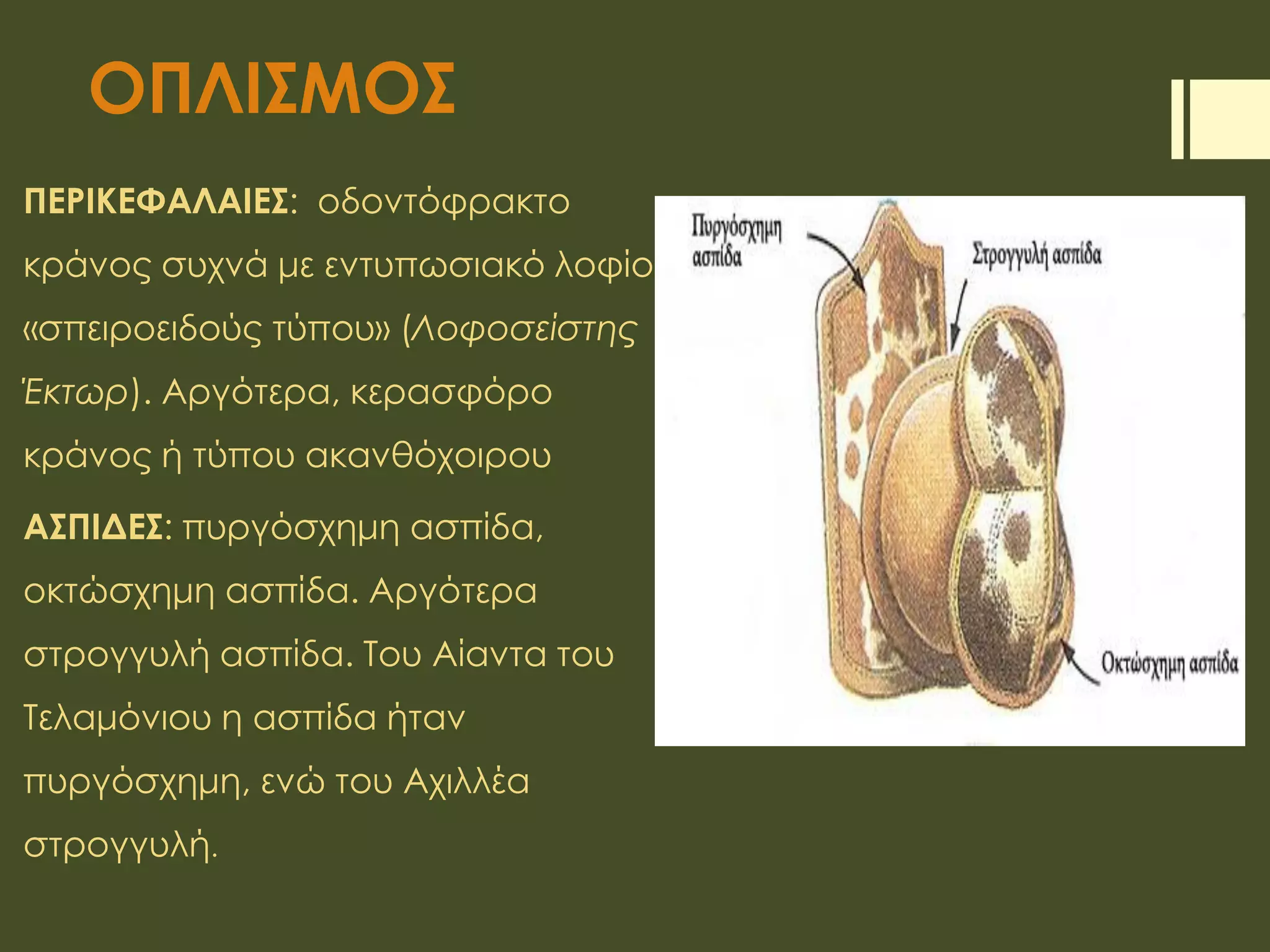 ΟΠΛΙΣΜΟΣ
ΠΕΡΙΚΕΦΑΛΑΙΕΣ: οδοντόφρακτο
κράνος συχνά με εντυπωσιακό λοφίο
«σπειροειδούς τύπου» (Λοφοσείστης
Έκτωρ). Αργότερα, κερασφόρο
κράνος ή τύπου ακανθόχοιρου
ΑΣΠΙΔΕΣ: πυργόσχημη ασπίδα,
οκτώσχημη ασπίδα. Αργότερα
στρογγυλή ασπίδα. Του Αίαντα του
Τελαμόνιου η ασπίδα ήταν
πυργόσχημη, ενώ του Αχιλλέα
στρογγυλή.
 