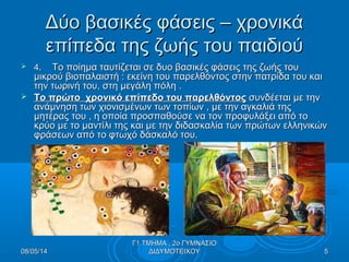 Δύο βασικές φάσεις – χρονικάΔύο βασικές φάσεις – χρονικά
επίπεδα της ζωής του παιδιούεπίπεδα της ζωής του παιδιού
 44. Το ποίημα ταυτίζεται σε δυο βασικές φάσεις της ζωής του. Το ποίημα ταυτίζεται σε δυο βασικές φάσεις της ζωής του
μικρού βιοπαλαιστή : εκείνη του παρελθόντος στην πατρίδα του καιμικρού βιοπαλαιστή : εκείνη του παρελθόντος στην πατρίδα του και
την τωρινή του, στη μεγάλη πόλη .την τωρινή του, στη μεγάλη πόλη .
 Το πρώτο χρονικό επίπεδο του παρελθόντοςΤο πρώτο χρονικό επίπεδο του παρελθόντος συνδέεται με τηνσυνδέεται με την
ανάμνηση των χιονισμένων των τοπίων , με την αγκαλιά τηςανάμνηση των χιονισμένων των τοπίων , με την αγκαλιά της
μητέρας του , η οποία προσπαθούσε να τον προφυλάξει από τομητέρας του , η οποία προσπαθούσε να τον προφυλάξει από το
κρύο με το μαντίλι της και με την διδασκαλία των πρώτων ελληνικώνκρύο με το μαντίλι της και με την διδασκαλία των πρώτων ελληνικών
φράσεων από το φτωχό δάσκαλό του.φράσεων από το φτωχό δάσκαλό του.
08/05/1408/05/14 55
Γ1 ΤΜΗΜΑ , 2ο ΓΥΜΝΑΣΙΟΓ1 ΤΜΗΜΑ , 2ο ΓΥΜΝΑΣΙΟ
ΔΙΔΥΜΟΤΕΙΧΟΥΔΙΔΥΜΟΤΕΙΧΟΥ
 
