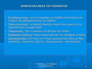ΕΚΦΡΑΣΤΙΚΑ ΜΕΣΑ ΤΟΥ ΠΟΙΗΜΑΤΟΣΕΚΦΡΑΣΤΙΚΑ ΜΕΣΑ ΤΟΥ ΠΟΙΗΜΑΤΟΣ
 Ελεύθερος στίχος.Ελεύθερος στίχος. για να περιγράψει με ακρίβεια καταστάσεις καιγια να περιγράψει με ακρίβεια καταστάσεις και
στοιχεία της καθημερινότητας του παιδιού.στοιχεία της καθημερινότητας του παιδιού.
 ΠροσωποποίησηΠροσωποποίηση : οι μηχανές θυμίζουν άγρυπνους γίγαντες που: οι μηχανές θυμίζουν άγρυπνους γίγαντες που
προστατεύουν το μικρό παιδί.προστατεύουν το μικρό παιδί.
 Παρομοίωση :Παρομοίωση : Σαν το φτύσιμο στο βλέμμα του πελάτηΣαν το φτύσιμο στο βλέμμα του πελάτη
 Καθημερινό λεξιλόγιοΚαθημερινό λεξιλόγιο: Κύριο χαρακτηριστικό της ελεύθερης ποίησης: Κύριο χαρακτηριστικό της ελεύθερης ποίησης
 Ομοιοκαταληξία:Ομοιοκαταληξία: στο τέλος των στίχων χρησιμοποιεί λέξεις με ίδιεςστο τέλος των στίχων χρησιμοποιεί λέξεις με ίδιες
καταλήξεις : άγρυπνες- γίγαντες , Στριμωγμένος – σκεπασμένος.καταλήξεις : άγρυπνες- γίγαντες , Στριμωγμένος – σκεπασμένος.
88
Γ1 ΤΜΗΜΑ , 2ο ΓΥΜΝΑΣΙΟΓ1 ΤΜΗΜΑ , 2ο ΓΥΜΝΑΣΙΟ
ΔΙΔΥΜΟΤΕΙΧΟΥΔΙΔΥΜΟΤΕΙΧΟΥ
 
