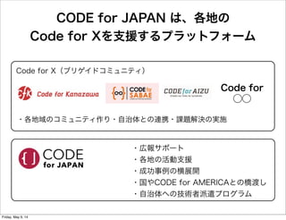 CODE for JAPAN は、各地の
Code for Xを支援するプラットフォーム
Code for
⃝⃝
・各地域のコミュニティ作り・自治体との連携・課題解決の実施
・広報サポート
・各地の活動支援
・成功事例の横展開
・国やCODE for AMERICAとの橋渡し
・自治体への技術者派遣プログラム
Code for X（ブリゲイドコミュニティ）
Friday, May 9, 14
 