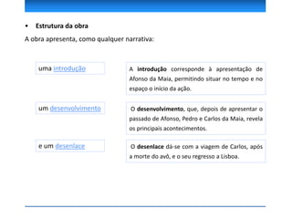 A introdução corresponde à apresentação de
Afonso da Maia, permitindo situar no tempo e no
espaço o início da ação.
O desenvolvimento, que, depois de apresentar o
passado de Afonso, Pedro e Carlos da Maia, revela
os principais acontecimentos.
• Estrutura da obra
A obra apresenta, como qualquer narrativa:
uma introdução
um desenvolvimento
e um desenlace O desenlace dá-se com a viagem de Carlos, após
a morte do avô, e o seu regresso a Lisboa.
 