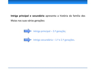 Intriga principal e secundária apresenta a história da família dos
Maias nas suas várias gerações:
 Intriga principal – 3.ª geração;
 Intriga secundária – 1.ª e 2.ª gerações.
 
