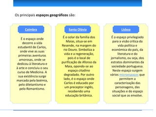 É o espaço onde
decorre a vida
estudantil de Carlos,
onde vive as suas
primeiras aventuras
amorosas, onde se
dedicou à literatura e
à arte e concluiu o seu
curso de Medicina. A
sua existência surge
marcada pela boémia,
pelo diletantismo e
pelo Romantismo.
É o espaço privilegiado
para a visão crítica da
vida política e
económica do país, da
literatura e do
jornalismo, ou seja, dos
estratos dominantes da
sociedade portuguesa.
Neste espaço surgem
vários microespaços que
permitem a
caracterização das
personagens, das
situações e do espaço
social que as envolve.
É o solar da família dos
Maias, situa-se em
Resende, na margem do
rio Douro. Simboliza a
vida e a regeneração,
pois é o local de
purificação de Afonso da
Maia, opondo-se ao
espaço citadino
degradado. Por outro
lado, é o espaço onde
Carlos é educado por
um preceptor inglês,
recebendo uma
educação britânica.
Os principais espaços geográficos são:
Coimbra LisboaSanta Olávia
 
