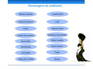 Personagens de ambiente:
Dâmaso Salcede Eusebiozinho
Tomás de Alencar Craft
Cohen Raquel Cohen
Conde Gouvarinho Condessa Gouvarinho
Sousa Neto Palma Cavalão
Steinbroken Castro Gomes
Guimarães Cruges
Vilaça (Pai e Filho) Taveira
 