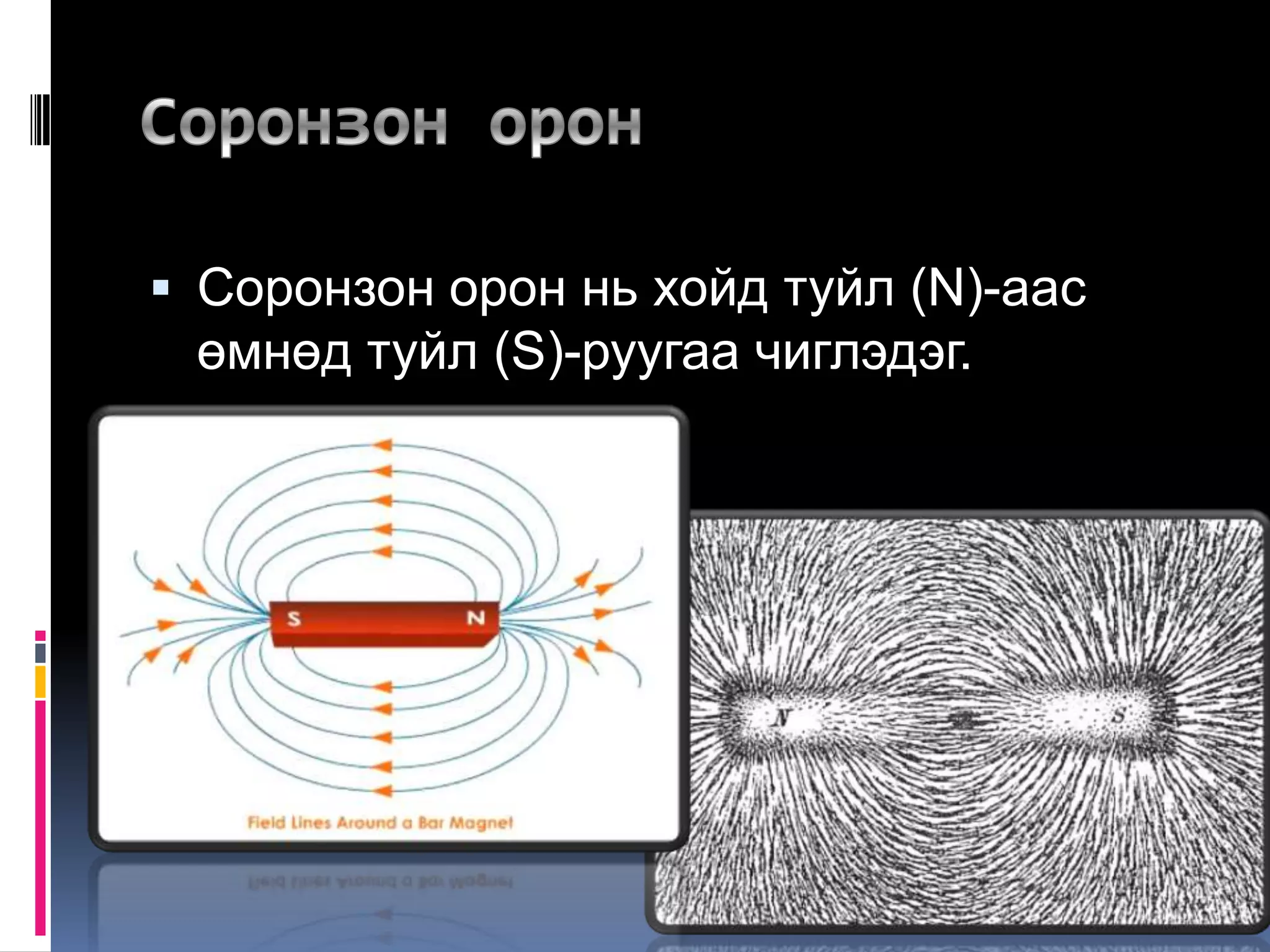  Соронзон орон нь хойд туйл (N)-аас
өмнөд туйл (S)-руугаа чиглэдэг.
 