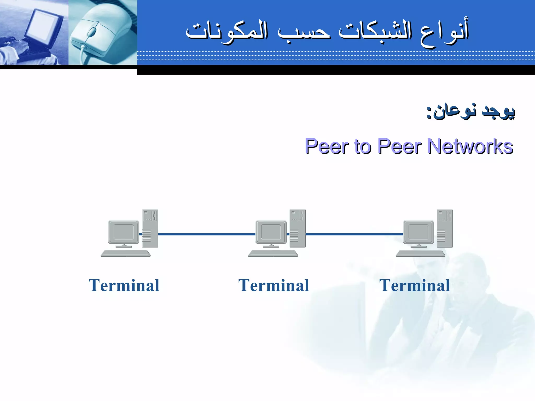 ‫المكونات‬ ‫حسب‬ ‫الشبكات‬ ‫أنواع‬‫المكونات‬ ‫حسب‬ ‫الشبكات‬ ‫أنواع‬
:‫نوعان‬ ‫يوجد‬:‫نوعان‬ ‫يوجد‬
Peer to Peer NetworksPeer to Peer Networks
TerminalTerminalTerminal
 