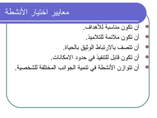 .‫للدهداف‬ ‫مناسبة‬ ‫تكون‬ ‫أن‬
.‫للتلميذ‬ ‫ملمئمة‬ ‫تكون‬ ‫أن‬
.‫بالحياة‬ ‫الوثيق‬ ‫بالرتباط‬ ‫تتصف‬ ‫أن‬
.‫المكانات‬ ‫ظحدود‬ ‫في‬ ‫للتنفيذ‬ ‫قابل‬ ‫تكون‬ ‫أن‬
.‫للشخصية‬ ‫المختلفة‬ ‫الجوانب‬ ‫تنمية‬ ‫في‬ ‫النشطة‬ ‫تتوازن‬ ‫أن‬
‫النشطة‬ ‫اختيار‬ ‫معايير‬
 