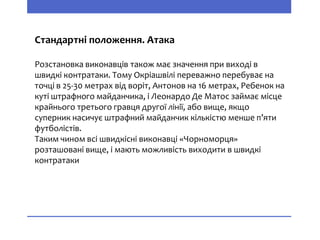 Стандартні положення. Атака
Розстановка виконавців також має значення при виході в
швидкі контратаки. Тому Окріашвілі переважно перебуває на
точці в 25-30 метрах від воріт, Антонов на 16 метрах, Ребенок на
куті штрафного майданчика, і Леонардо Де Матос займає місце
крайнього третього гравця другої лінії, або вище, якщо
суперник насичує штрафний майданчик кількістю менше п’яти
футболістів.
Таким чином всі швидкісні виконавці «Чорноморця»
розташовані вище, і мають можливість виходити в швидкі
контратаки
 