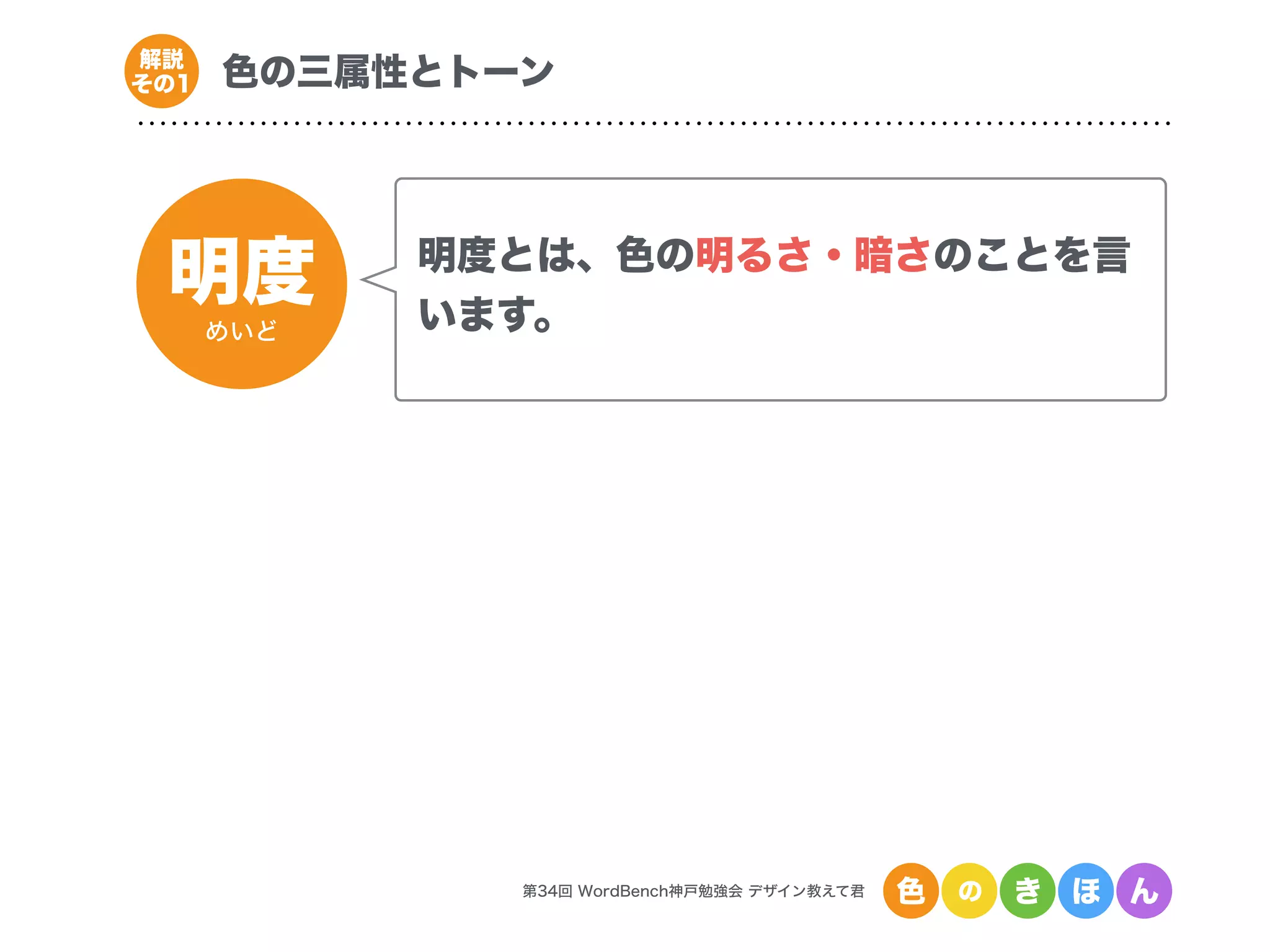 明度
めいど
第34回 WordBench神戸勉強会 デザイン教えて君 色 の き ほ ん
色の三属性とトーン解説
その1
明度とは、色の明るさ・暗さのことを言
います。
 