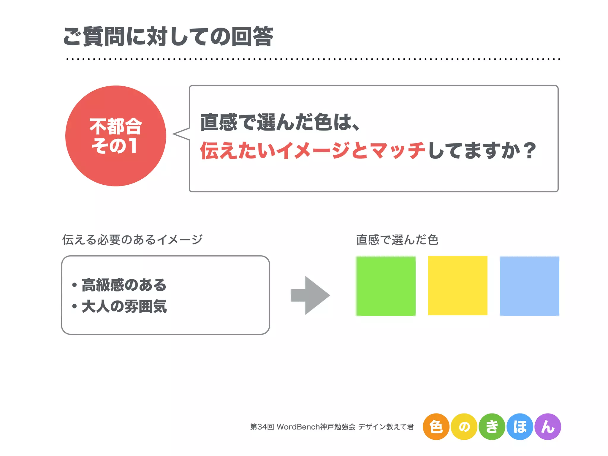 第34回 WordBench神戸勉強会 デザイン教えて君 色 の き ほ ん
ご質問に対しての回答
不都合
その1
直感で選んだ色は、
伝えたいイメージとマッチしてますか？
伝える必要のあるイメージ
・高級感のある
・大人の雰囲気
直感で選んだ色
 